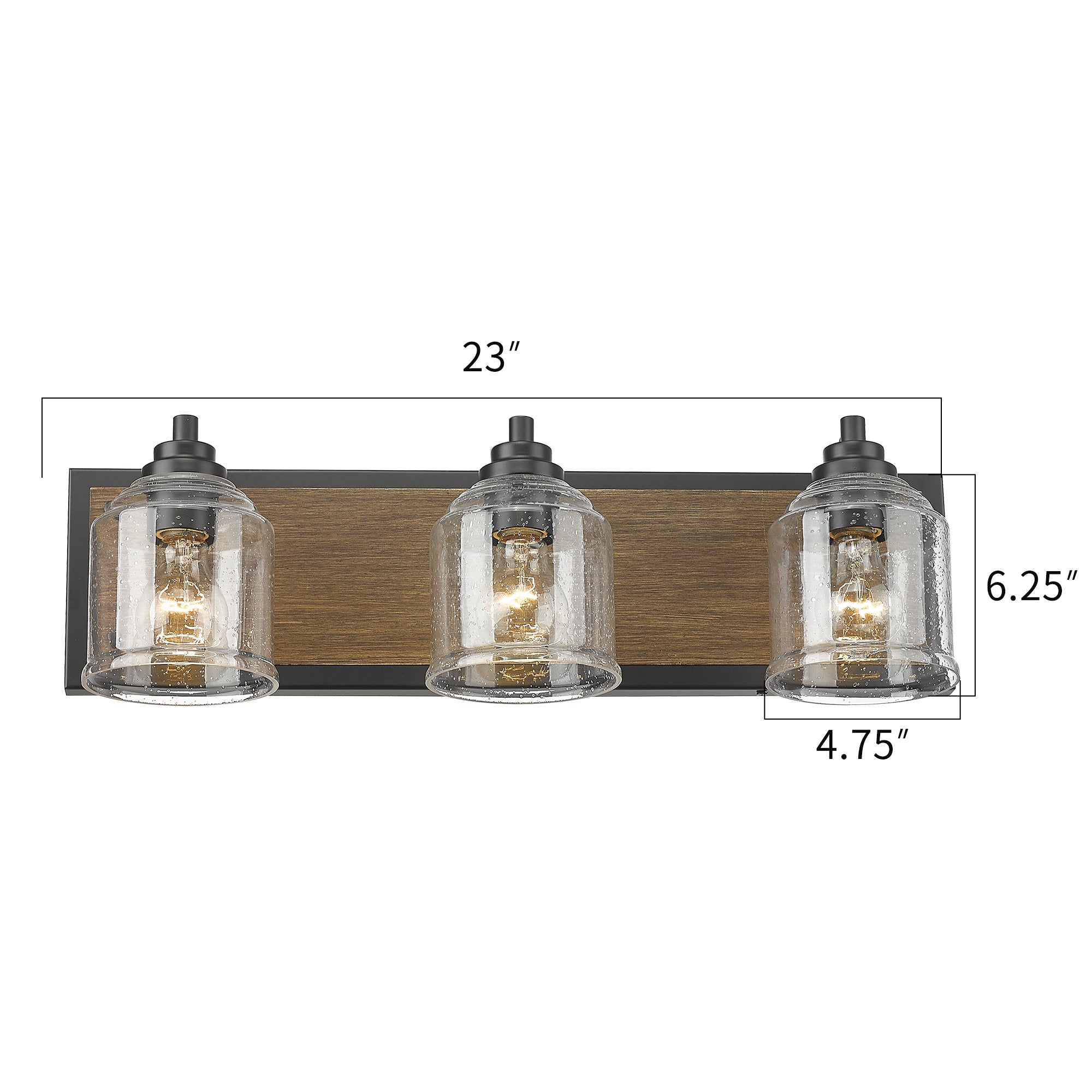 Matte Black & Dark Wood Grain Vanity Light with Seeded Glass Shades - 23 inch 3-Light Bathroom Vanity Light Fixtures - USAG00235