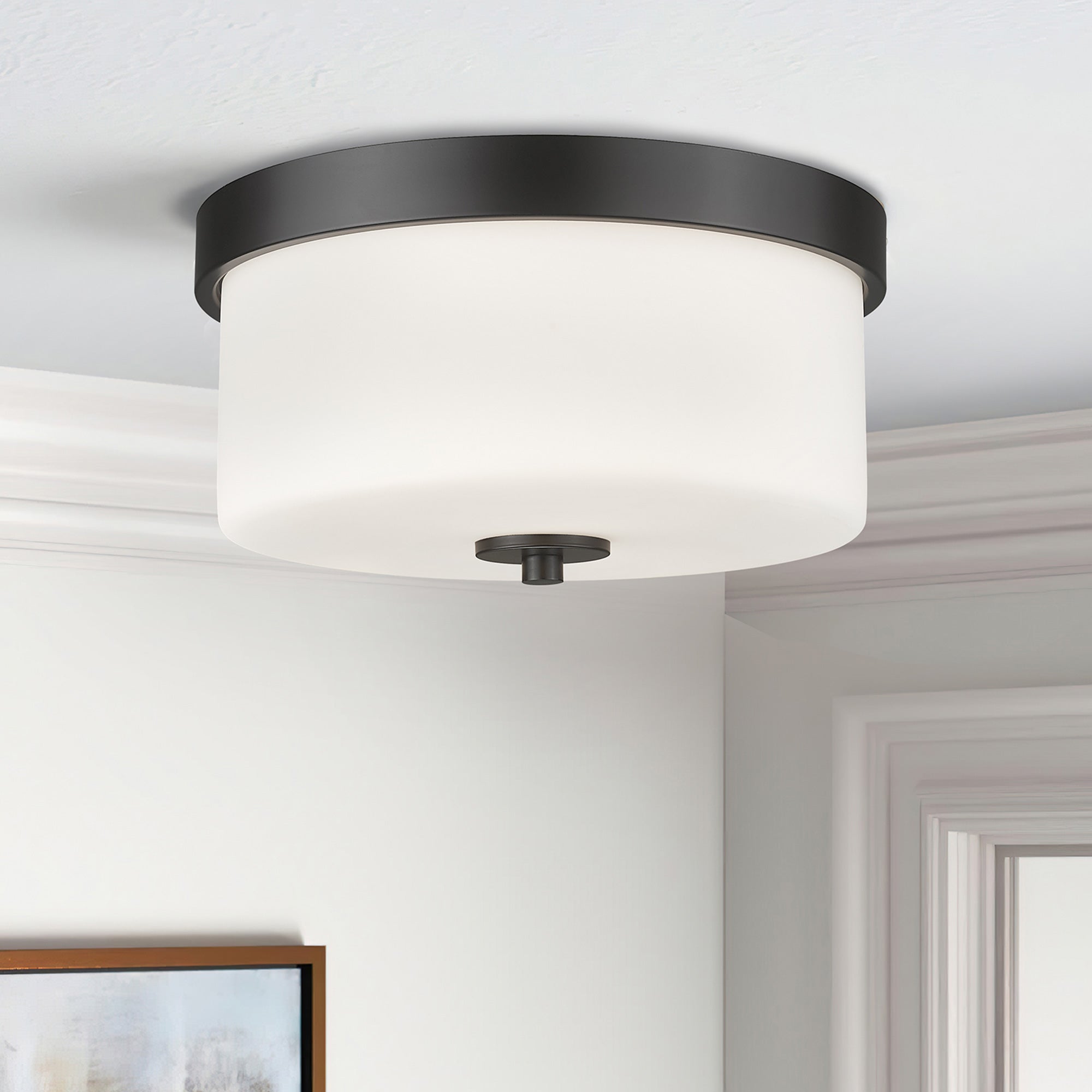 Matte Black Glass & Metal - 10'' 2-Light Fixtures Ceiling Mount With Milk Glass- USAG00238