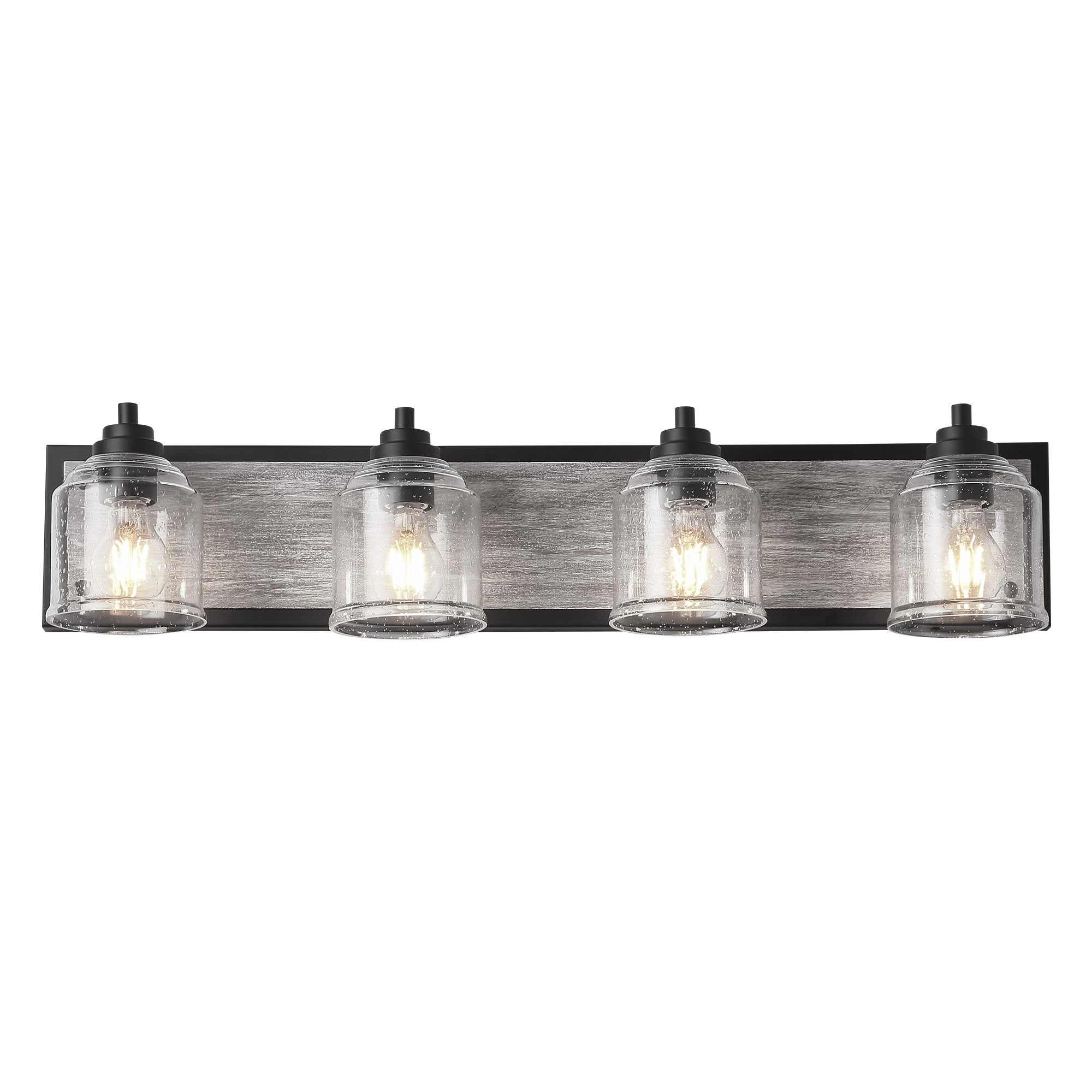 Matte Black & Wood Grain Vanity Light with Seeded Glass Shades - 32 inch 4-Light Bathroom Vanity Light Fixtures - USAG00240