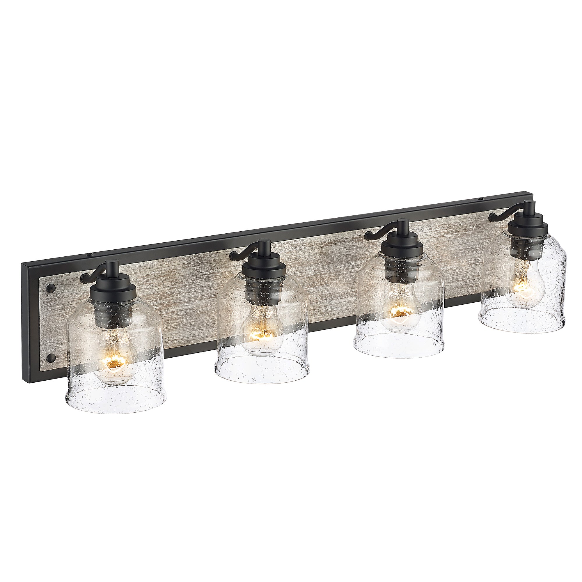 Matte Black & Wood Grain Vanity Light with Seeded Glass Shades - 32 inch 4-Light Bathroom Vanity Light Fixtures - USAG00240