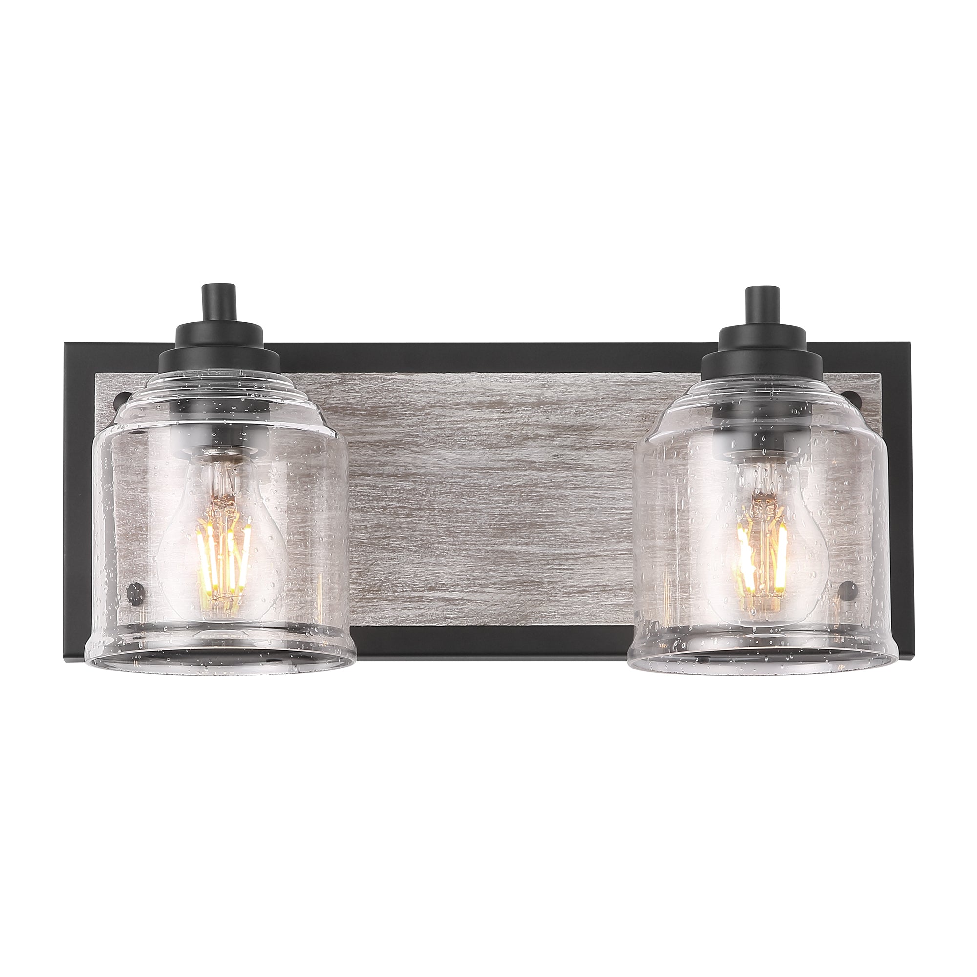 Matte Black & Wood Grain Vanity Light with Seeded Glass Shades - 16 inch 2-Light Bathroom Vanity Light Fixtures - USAG00242