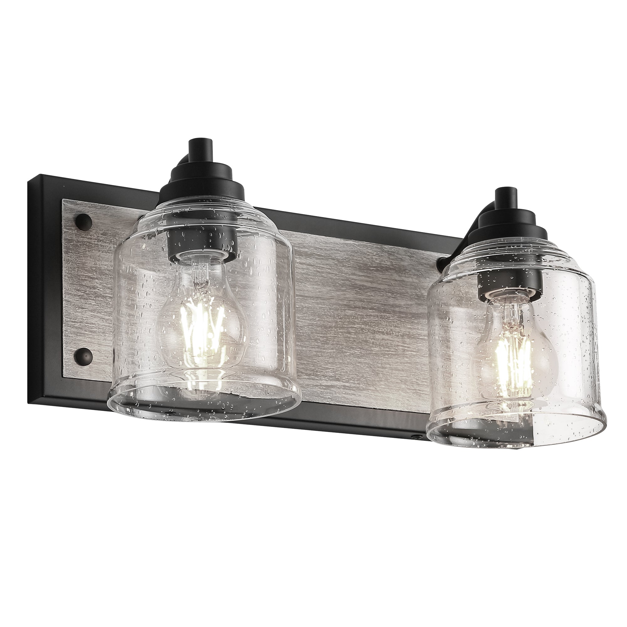 Matte Black & Wood Grain Vanity Light with Seeded Glass Shades - 16 inch 2-Light Bathroom Vanity Light Fixtures - USAG00242