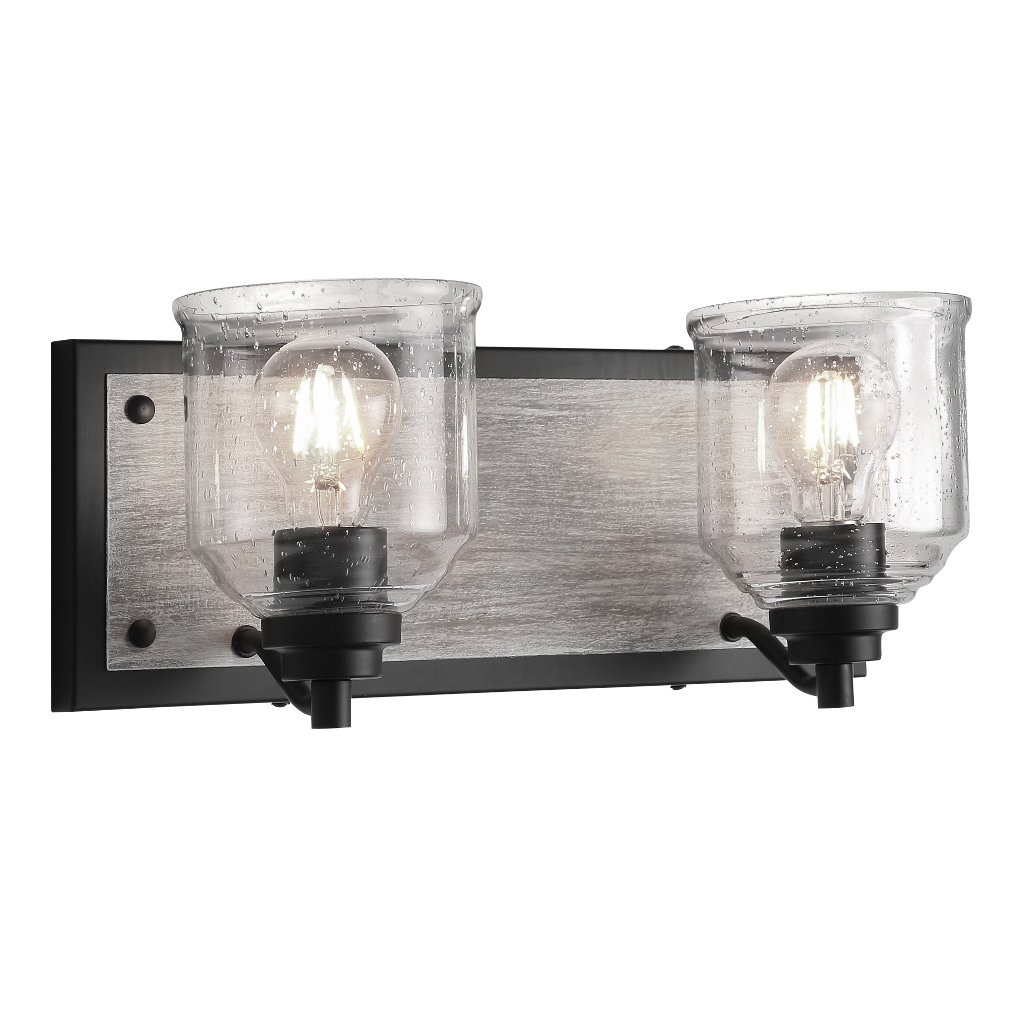 Matte Black & Wood Grain Vanity Light with Seeded Glass Shades - 16 inch 2-Light Bathroom Vanity Light Fixtures - USAG00242