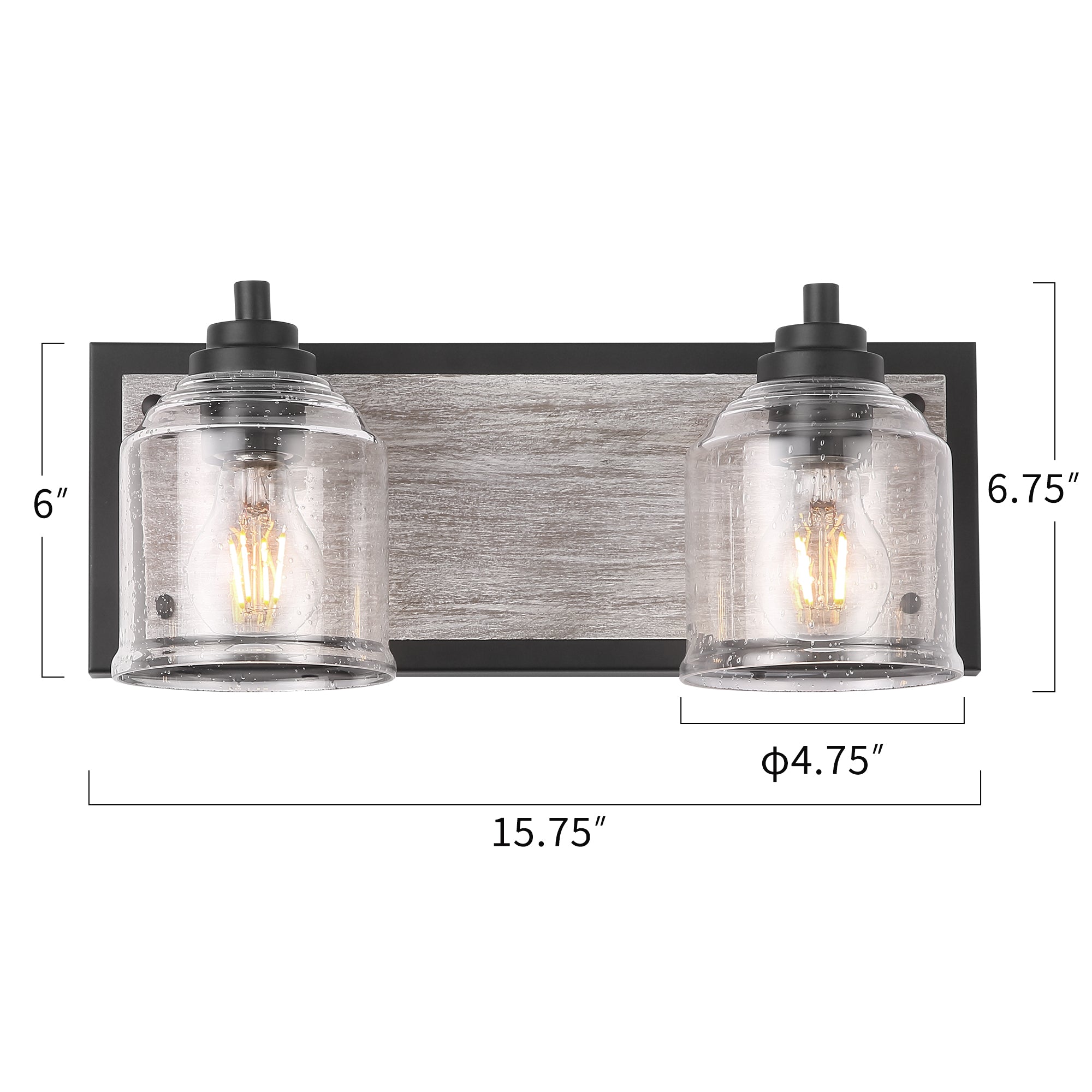 Matte Black & Wood Grain Vanity Light with Seeded Glass Shades - 16 inch 2-Light Bathroom Vanity Light Fixtures - USAG00242