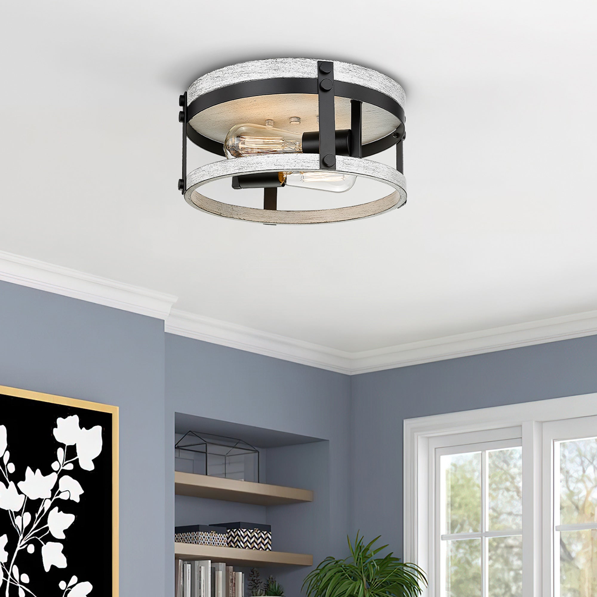 Flush Mount with Black and White Wood Finish- 12 inch 2-Light Ceiling Light Hallway Light Fixtures - USAG00244