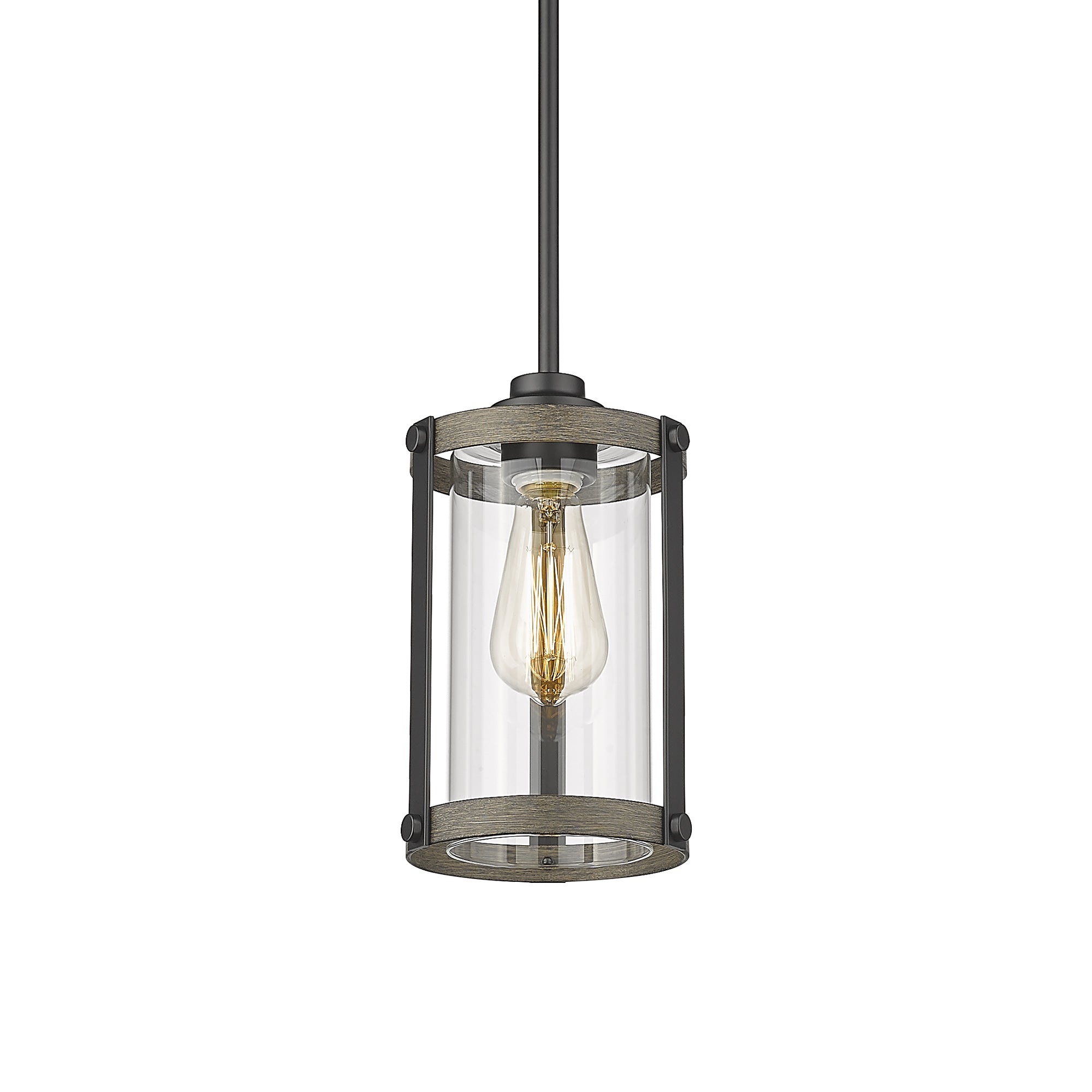 Industrial Mini Glass in Wood and Black Finish - 9 inch Pendant Lighting Adjustable Length - USAG00255