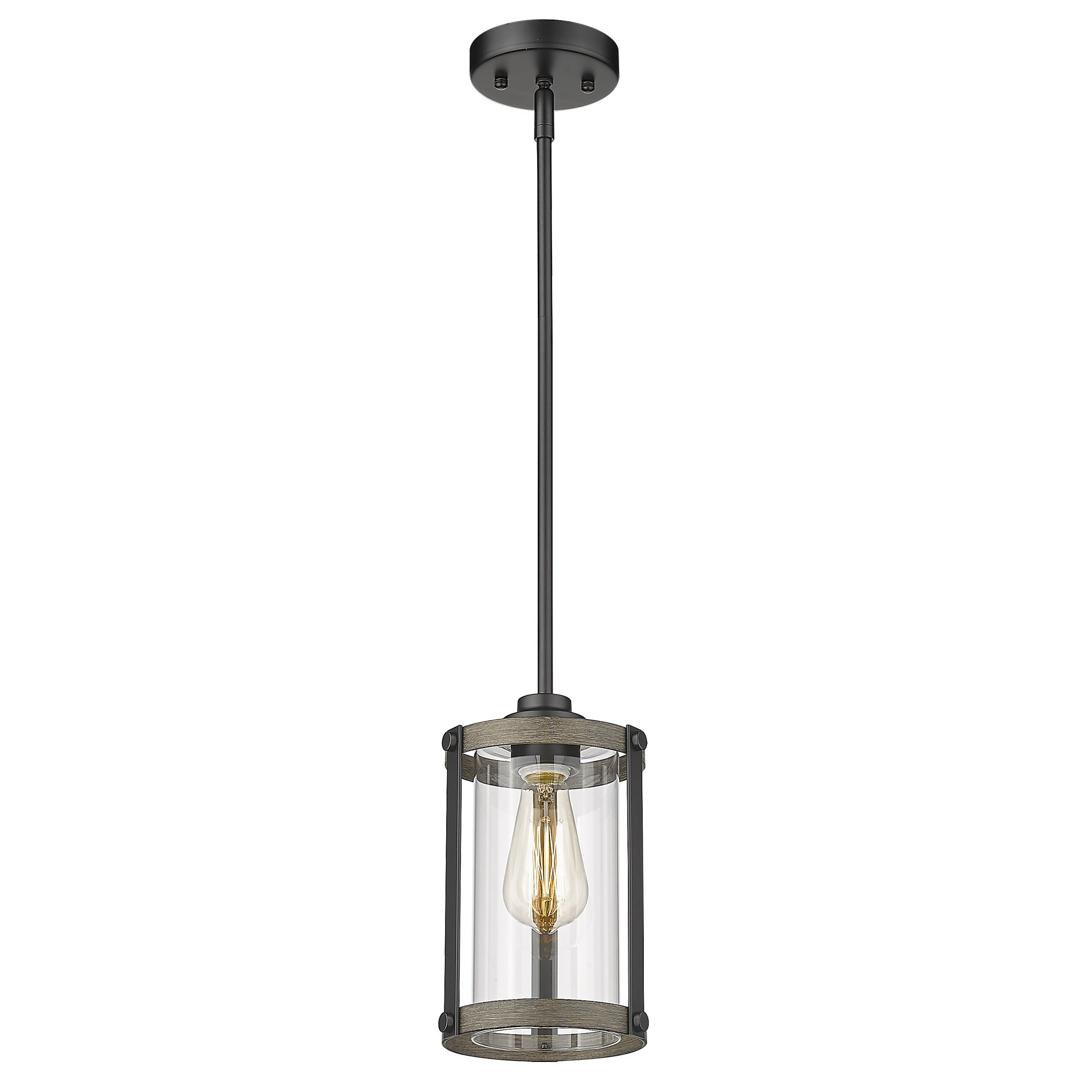 Industrial Mini Glass in Wood and Black Finish - 9 inch Pendant Lighting Adjustable Length - USAG00255