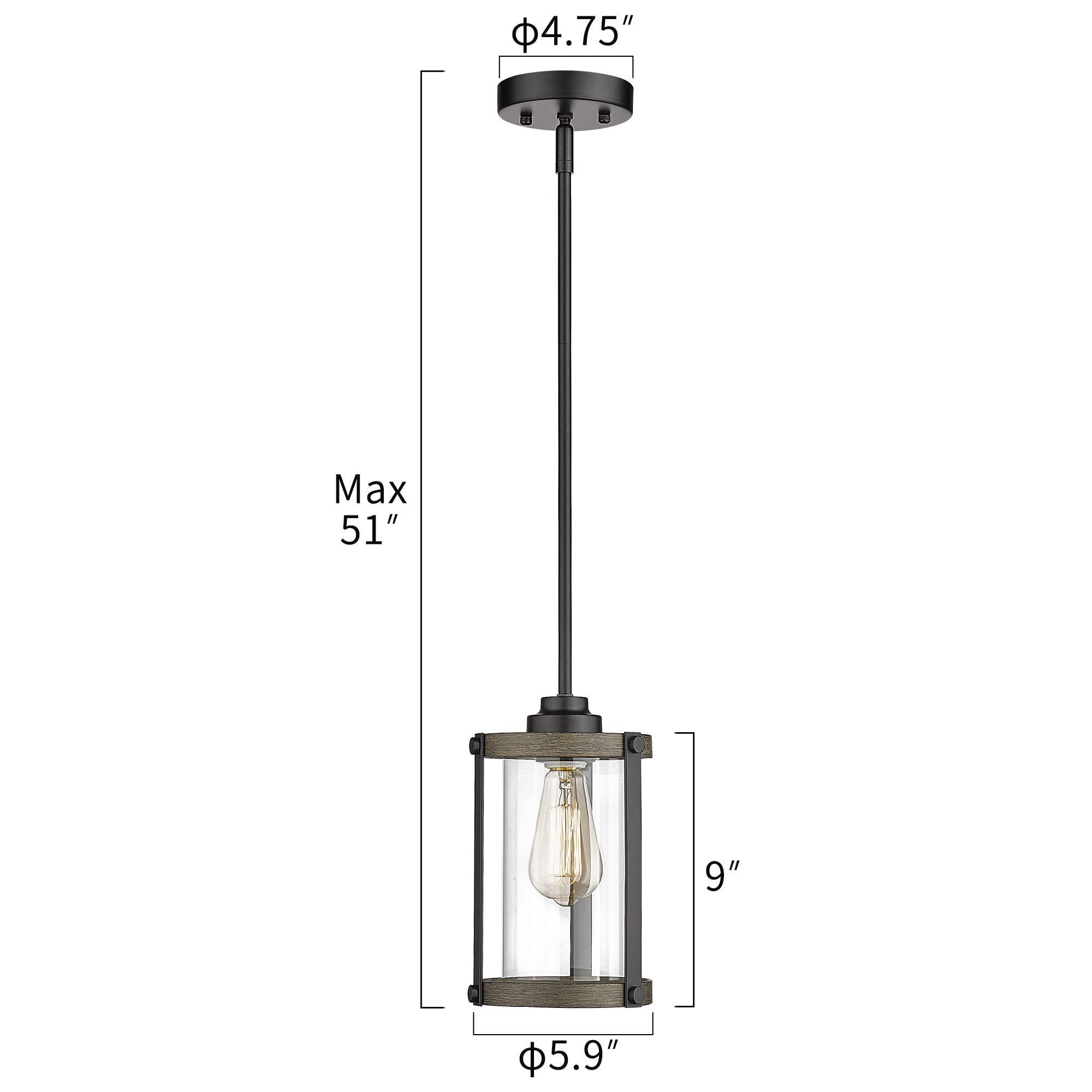 Industrial Mini Glass in Wood and Black Finish - 9 inch Pendant Lighting Adjustable Length - USAG00255