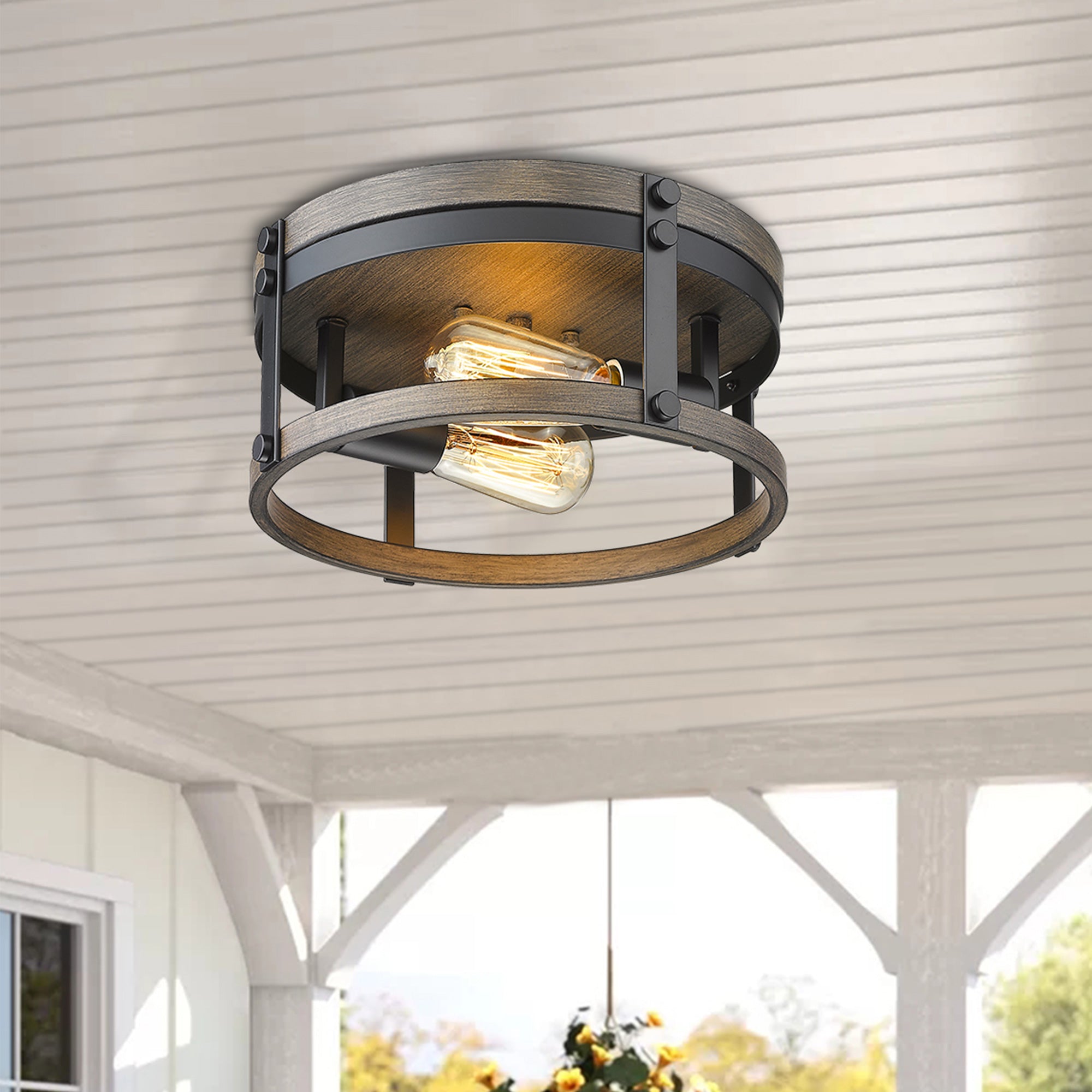 Flush Mount with Dark Wood Finish- 12 inch 2-Light Ceiling Light Hallway Light Fixtures - USAG00256