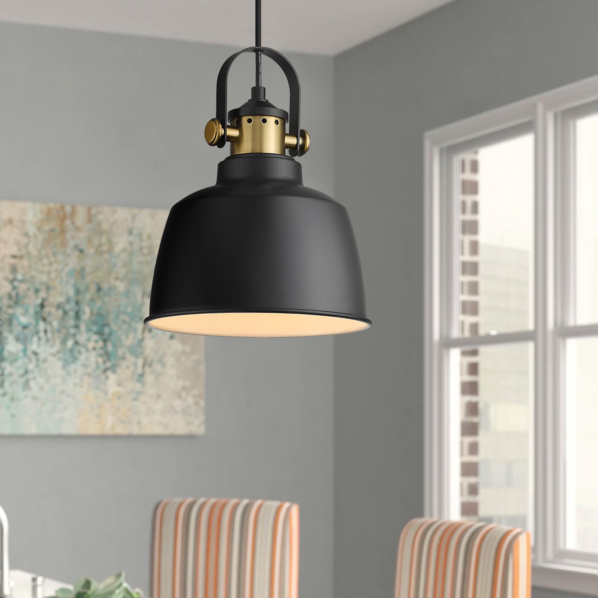 Matte Black Metal - 8.5'' Black and Gold Round Pendant Lights - USAG00268