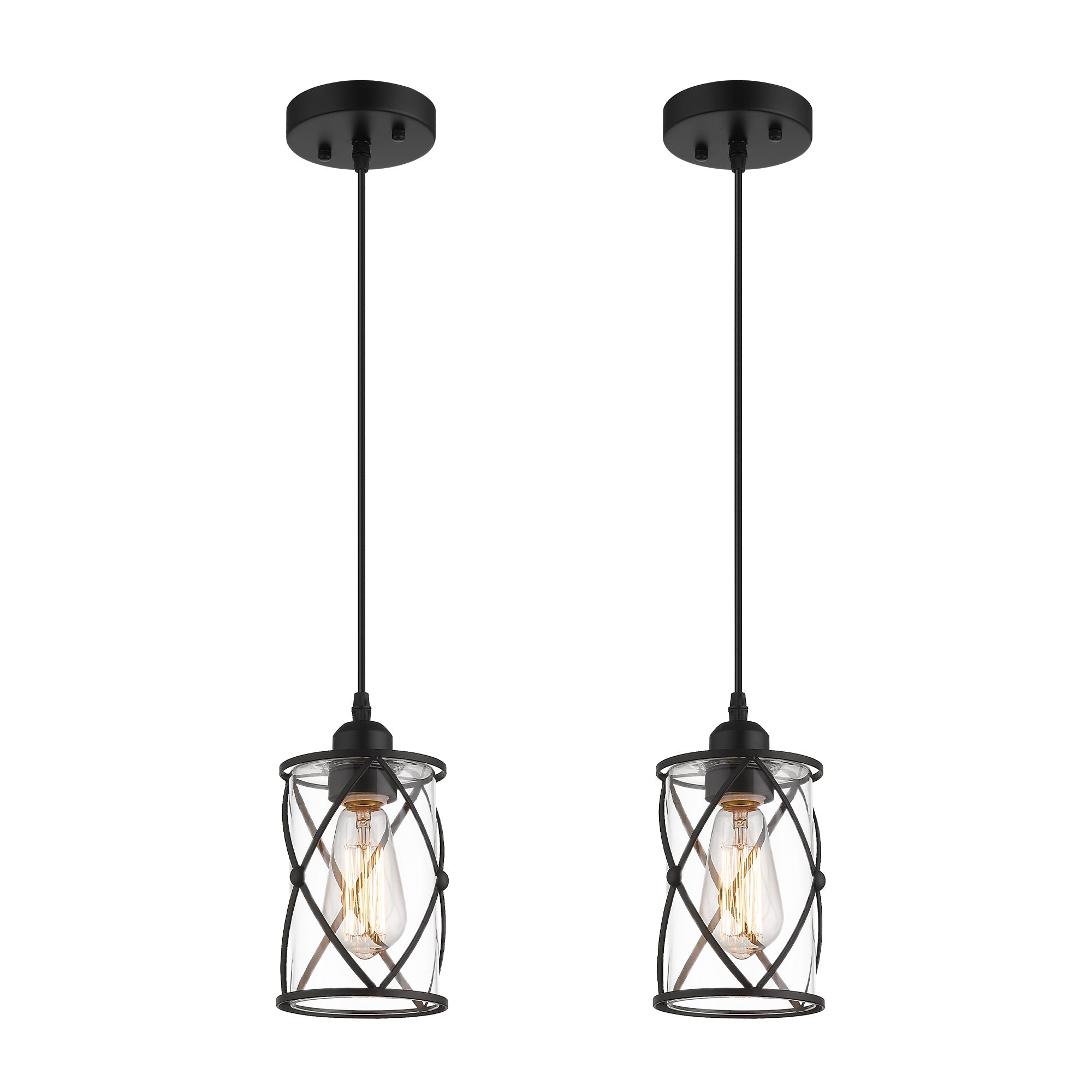 2 Pack Black Finish with Clear Glass Fixtures for Kitchen Island - 7 inch Pendant Light with Adjustable Length - USAG00271