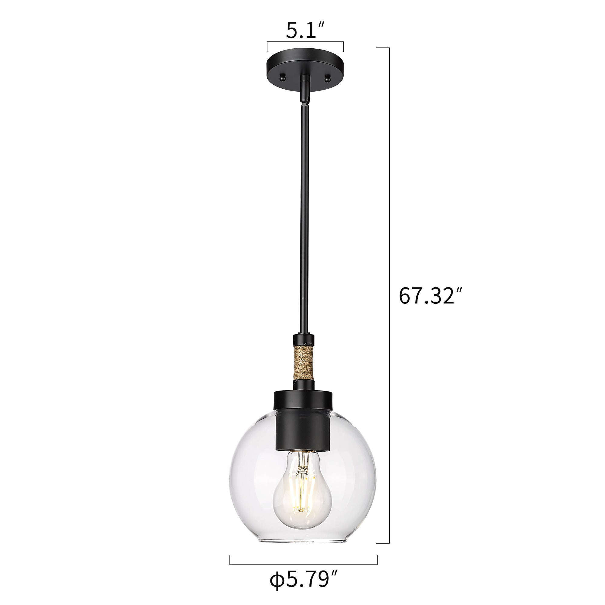 Matte Black Glass & Metal 1-Light Black Hanging Light With Clear Glass Shade- USAG00287