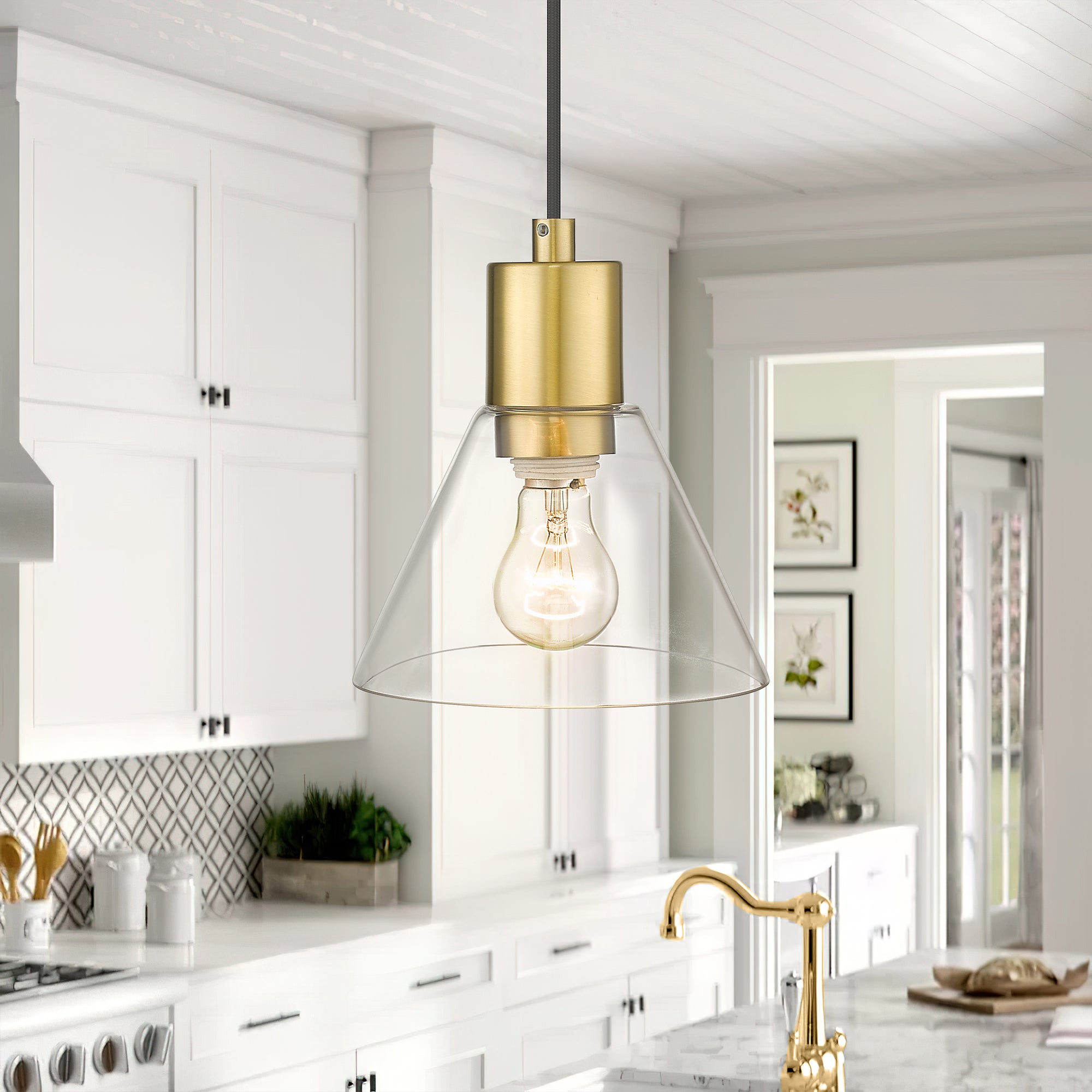 Modern Kitchen Island Lighting with Clear Glass Shade in Brushed Gold Finish - 7 inch Pendant Hanging Lights - USAG00290