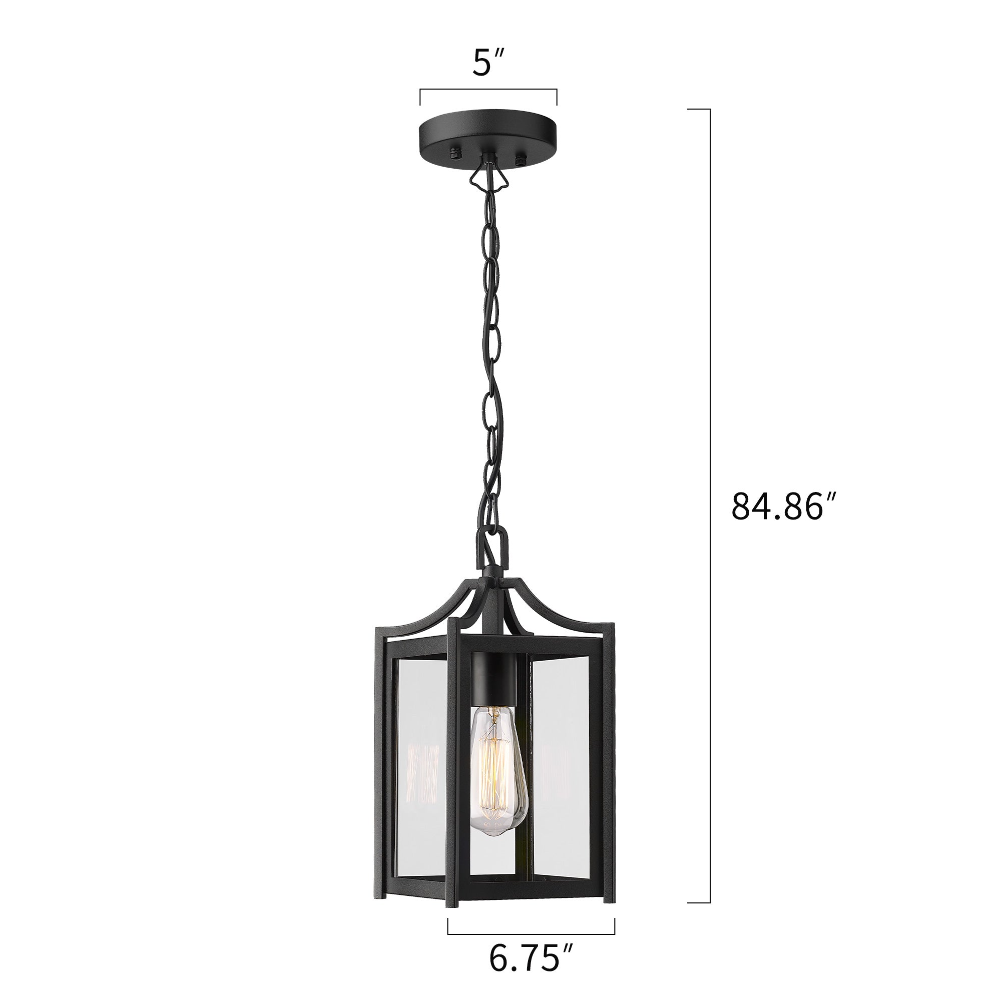 Black Finish and Clear Glass with Adjustable Chain - 14" Large Modern Outdoor Hanging Porch Light - USAG00302