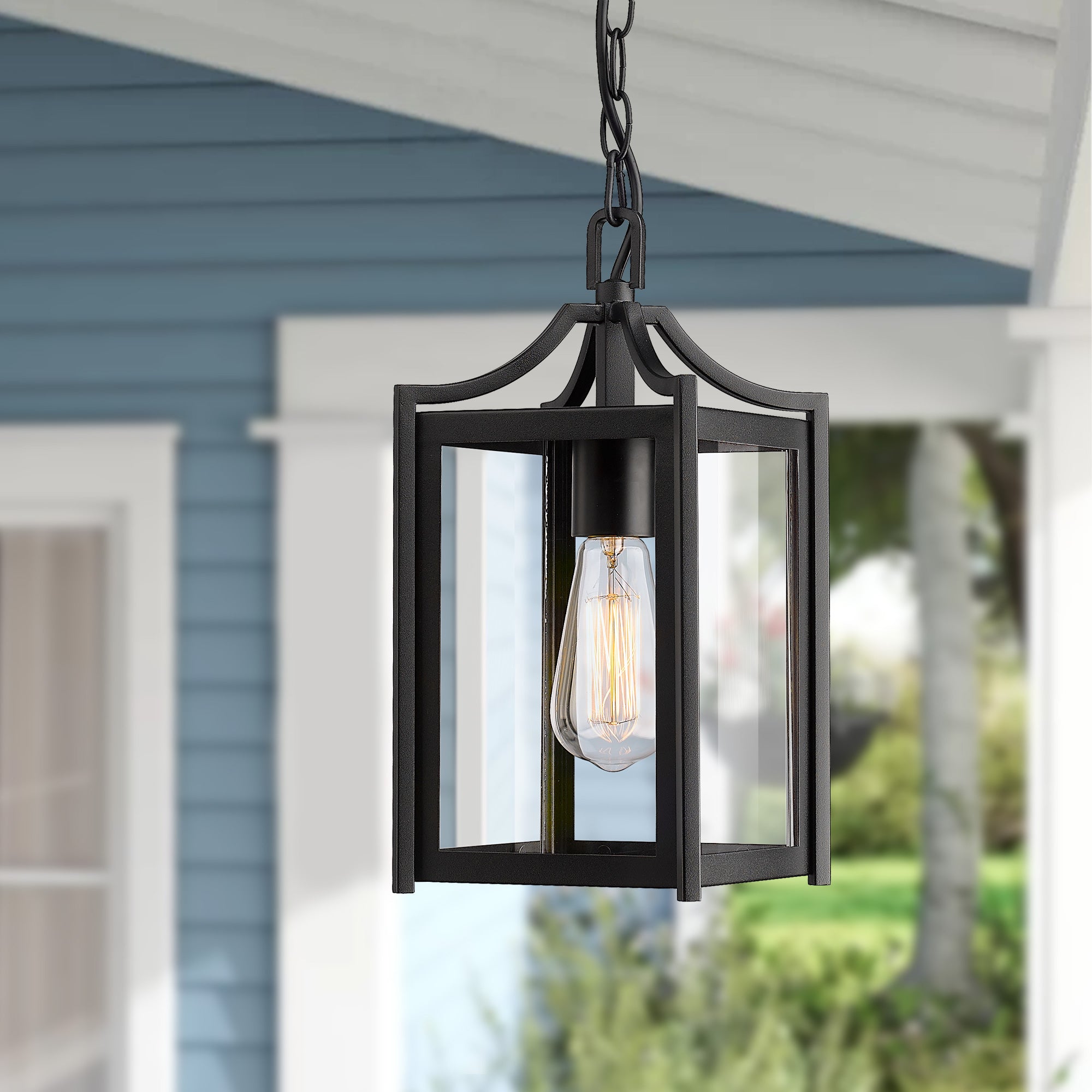 Black Finish and Clear Glass with Adjustable Chain - 14" Large Modern Outdoor Hanging Porch Light - USAG00302