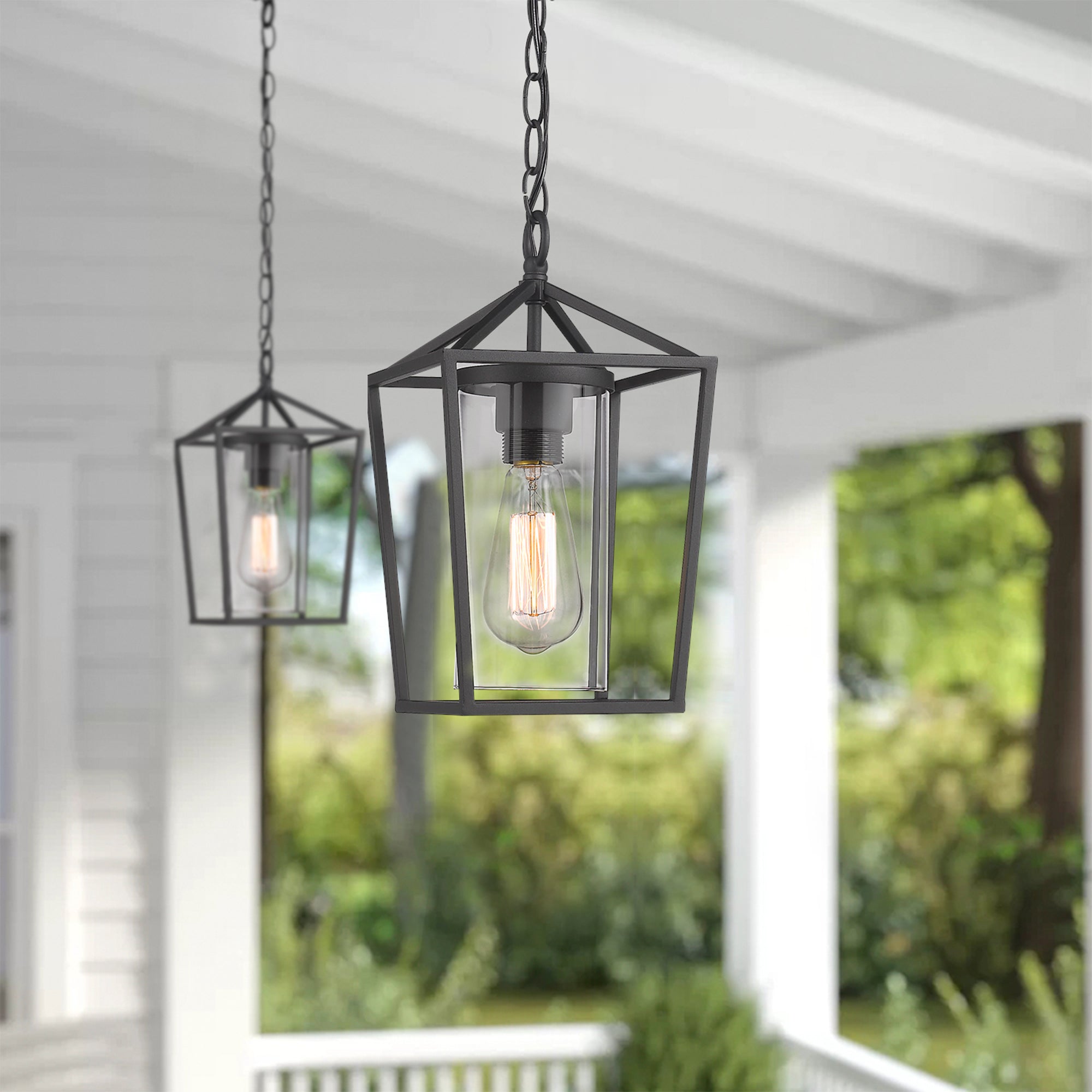 Matte Black Glass & Metal - 54 Inch 1-Light Outdoor Hanging Lantern Light in Balck Finish with Clear Glass - USAG00305