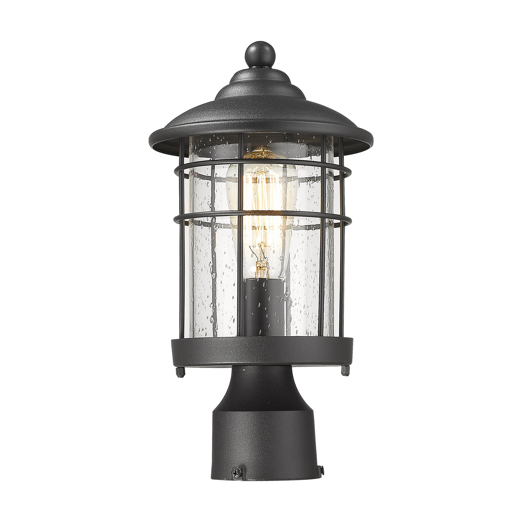 Matte Black Glass & Metal - 13.2 Inch 1-Light Outdoor Post Light Exterior Post Lantern in Black Finish With Seeded Glass - USAG00310