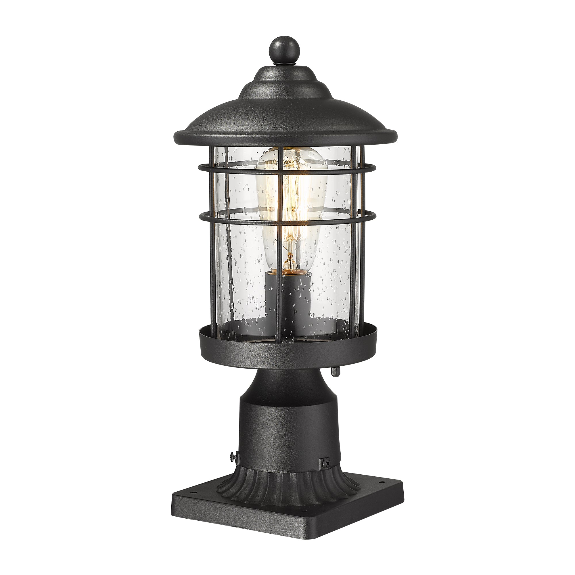 Matte Black Glass & Metal - 13.2 Inch 1-Light Outdoor Post Light Exterior Post Lantern in Black Finish With Seeded Glass - USAG00310