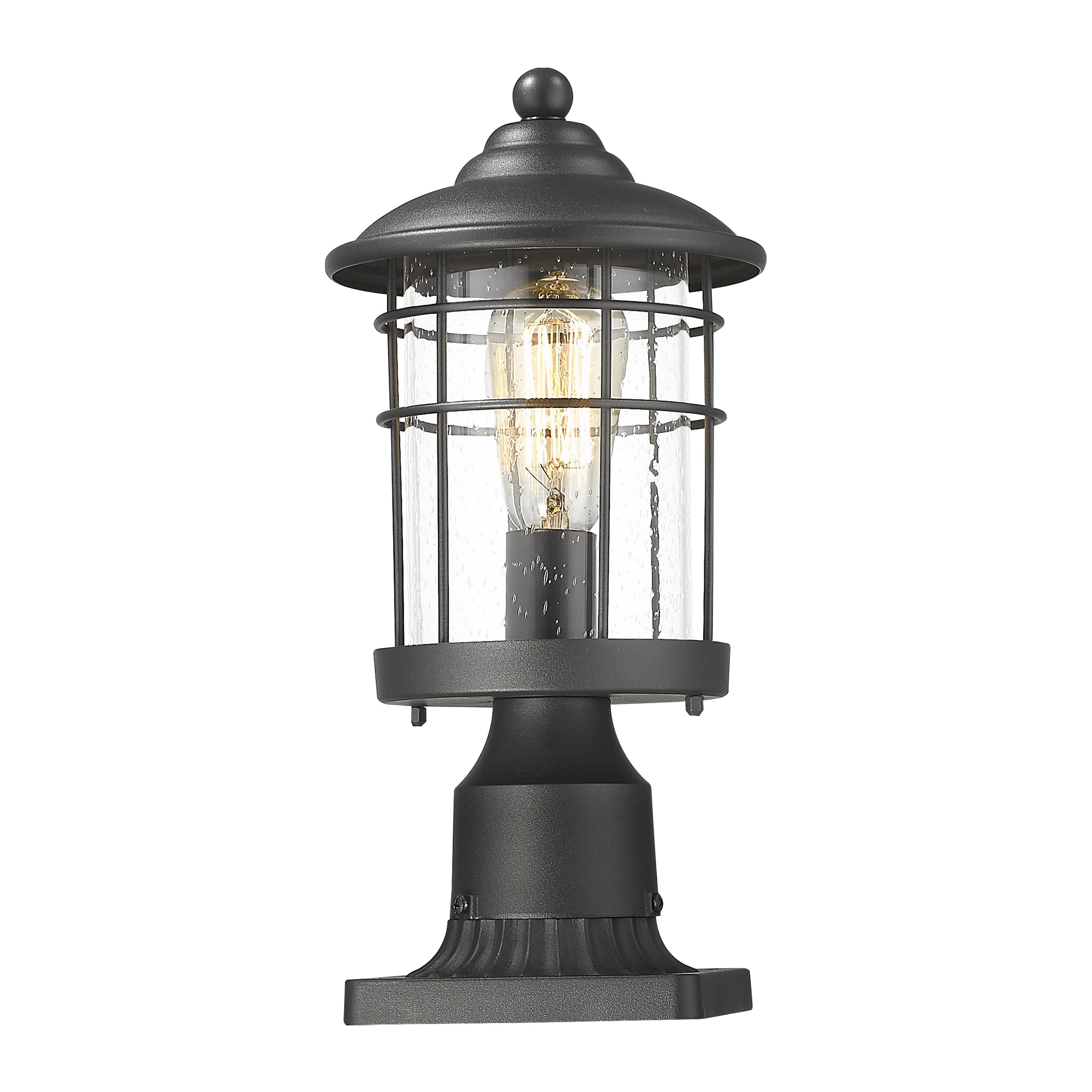 Matte Black Glass & Metal - 13.2 Inch 1-Light Outdoor Post Light Exterior Post Lantern in Black Finish With Seeded Glass - USAG00310