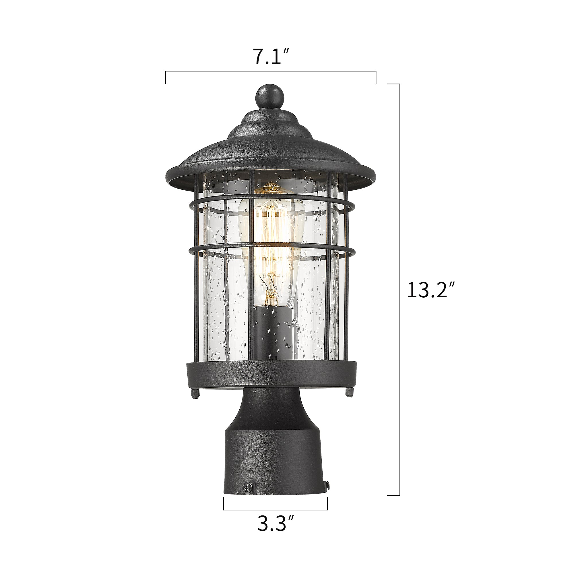 Matte Black Glass & Metal - 13.2 Inch 1-Light Outdoor Post Light Exterior Post Lantern in Black Finish With Seeded Glass - USAG00310