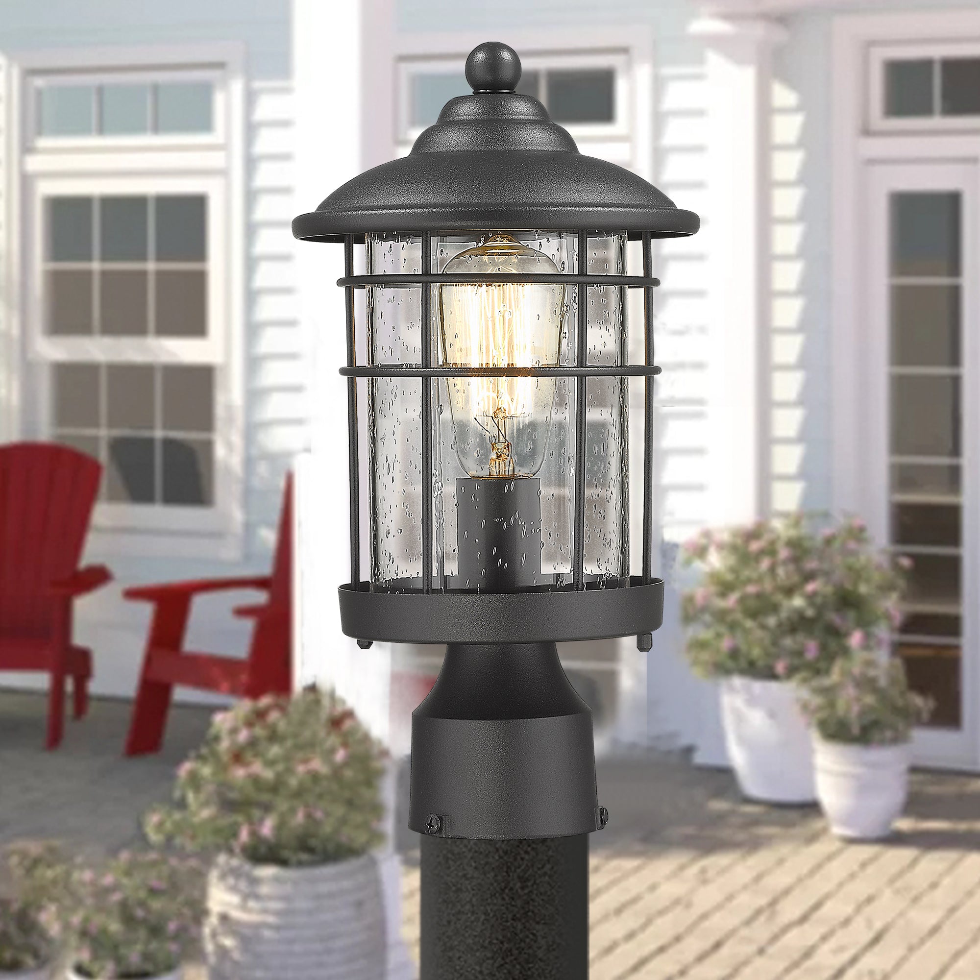 Matte Black Glass & Metal - 13.2 Inch 1-Light Outdoor Post Light Exterior Post Lantern in Black Finish With Seeded Glass - USAG00310