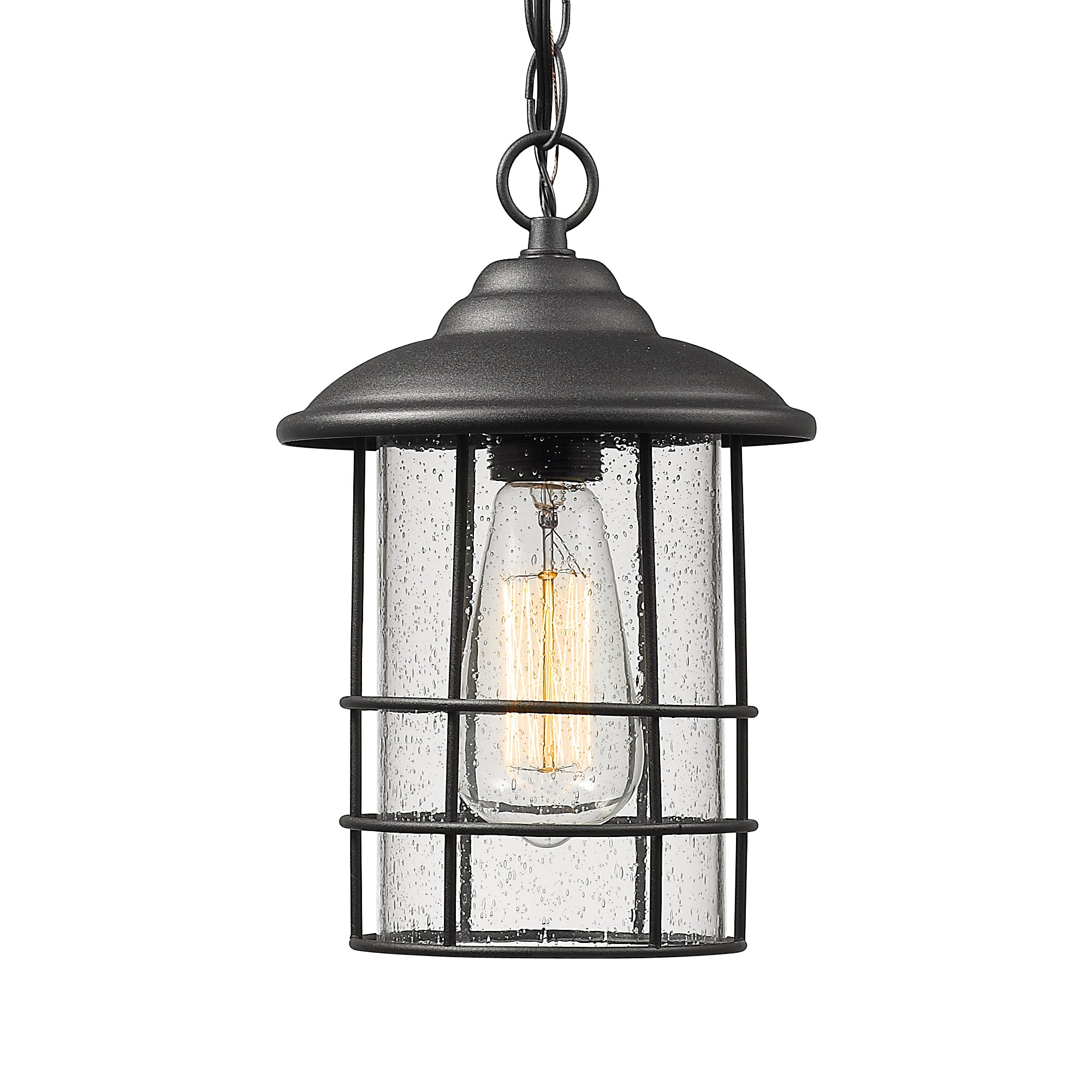 Matte Black Glass & Metal - 50.4 Inch 1-Light Outdoor Pendant Light Exterior Hanging Lantern In Black Finish With Seeded Glass - USAG00311