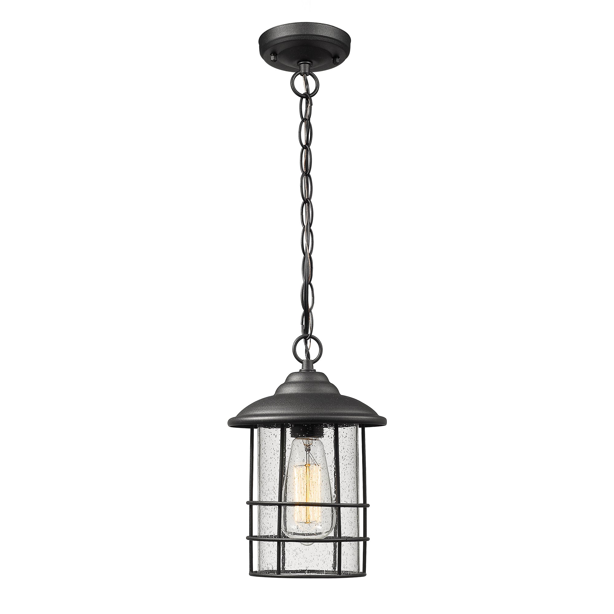 Matte Black Glass & Metal - 50.4 Inch 1-Light Outdoor Pendant Light Exterior Hanging Lantern In Black Finish With Seeded Glass - USAG00311