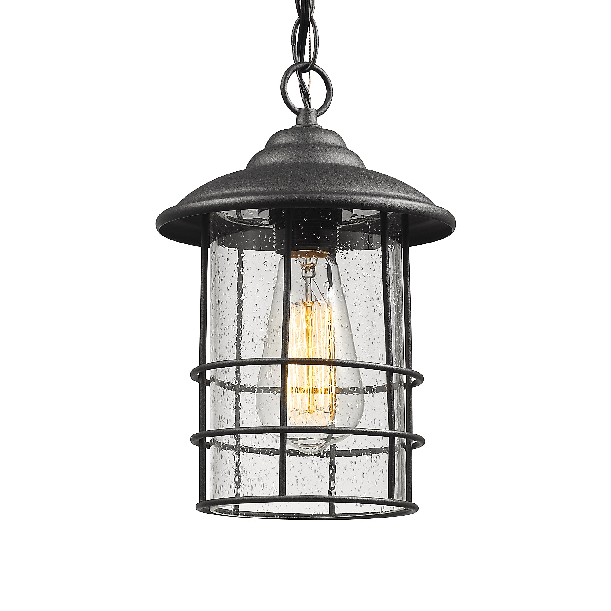 Matte Black Glass & Metal - 50.4 Inch 1-Light Outdoor Pendant Light Exterior Hanging Lantern In Black Finish With Seeded Glass - USAG00311