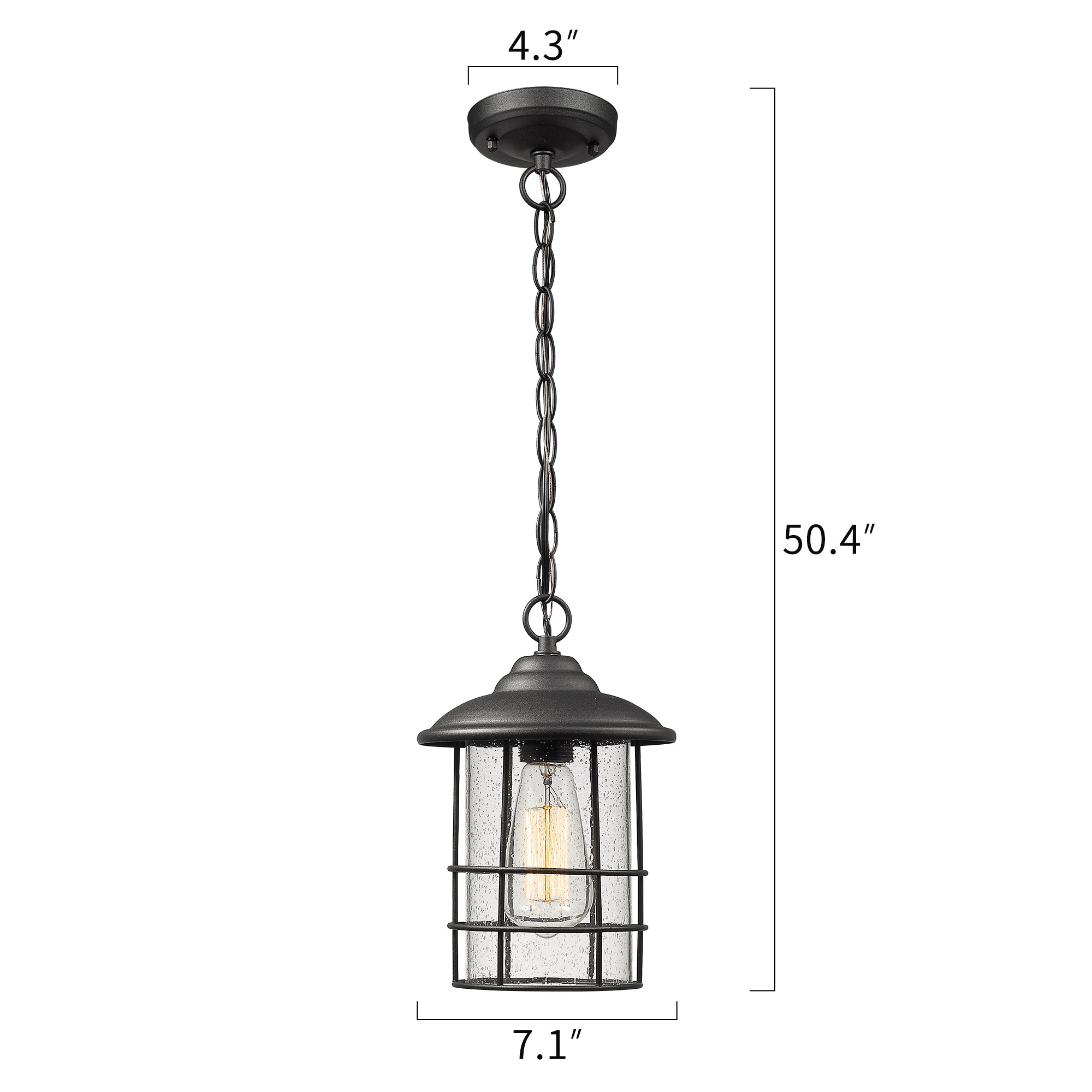 Matte Black Glass & Metal - 50.4 Inch 1-Light Outdoor Pendant Light Exterior Hanging Lantern In Black Finish With Seeded Glass - USAG00311