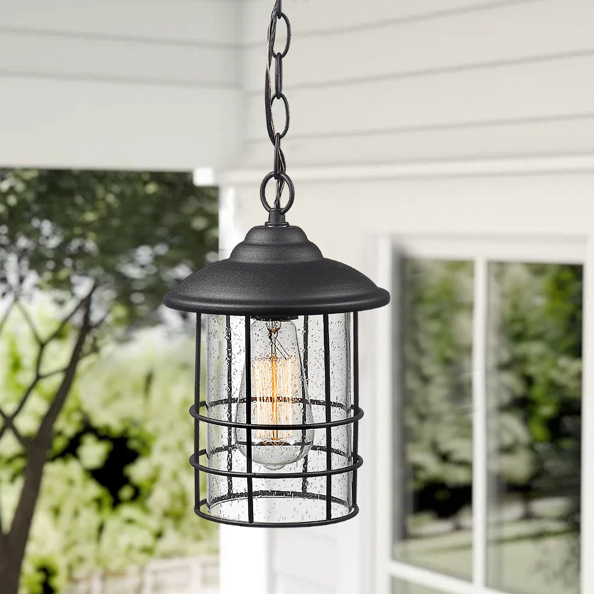 Matte Black Glass & Metal - 50.4 Inch 1-Light Outdoor Pendant Light Exterior Hanging Lantern In Black Finish With Seeded Glass - USAG00311