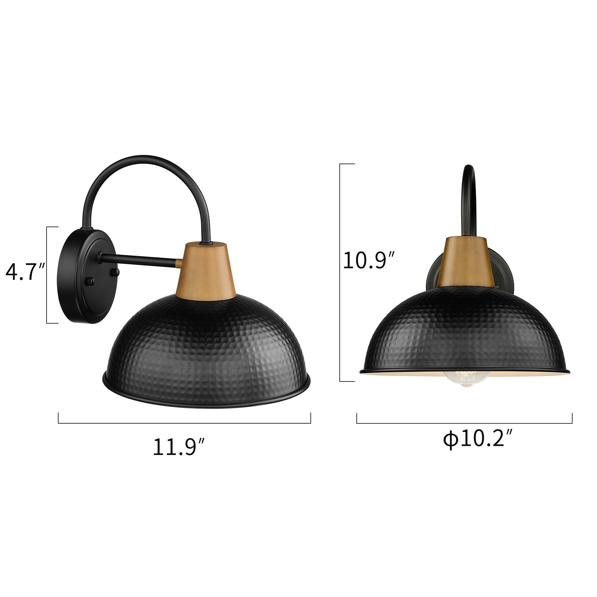 Modern Black Gooseneck Barn Lights with Hammered Metal Shade - 10.2 inch Outdoor Wall Lights - USAG00319