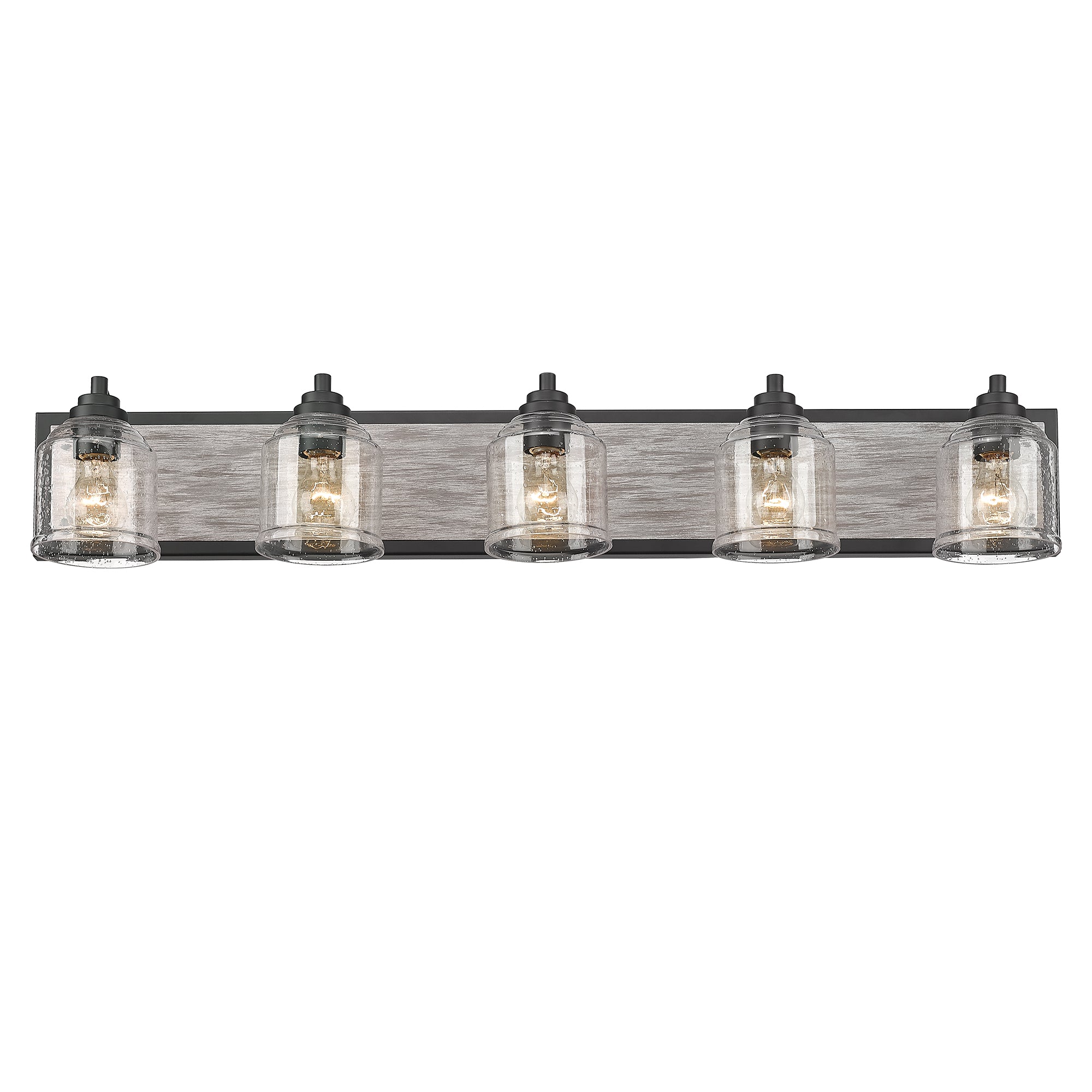 Matte Black & Wood Grain Vanity Light with Seeded Glass Shades - 40 inch 5-Light Bathroom Vanity Light Fixtures - USAG00323