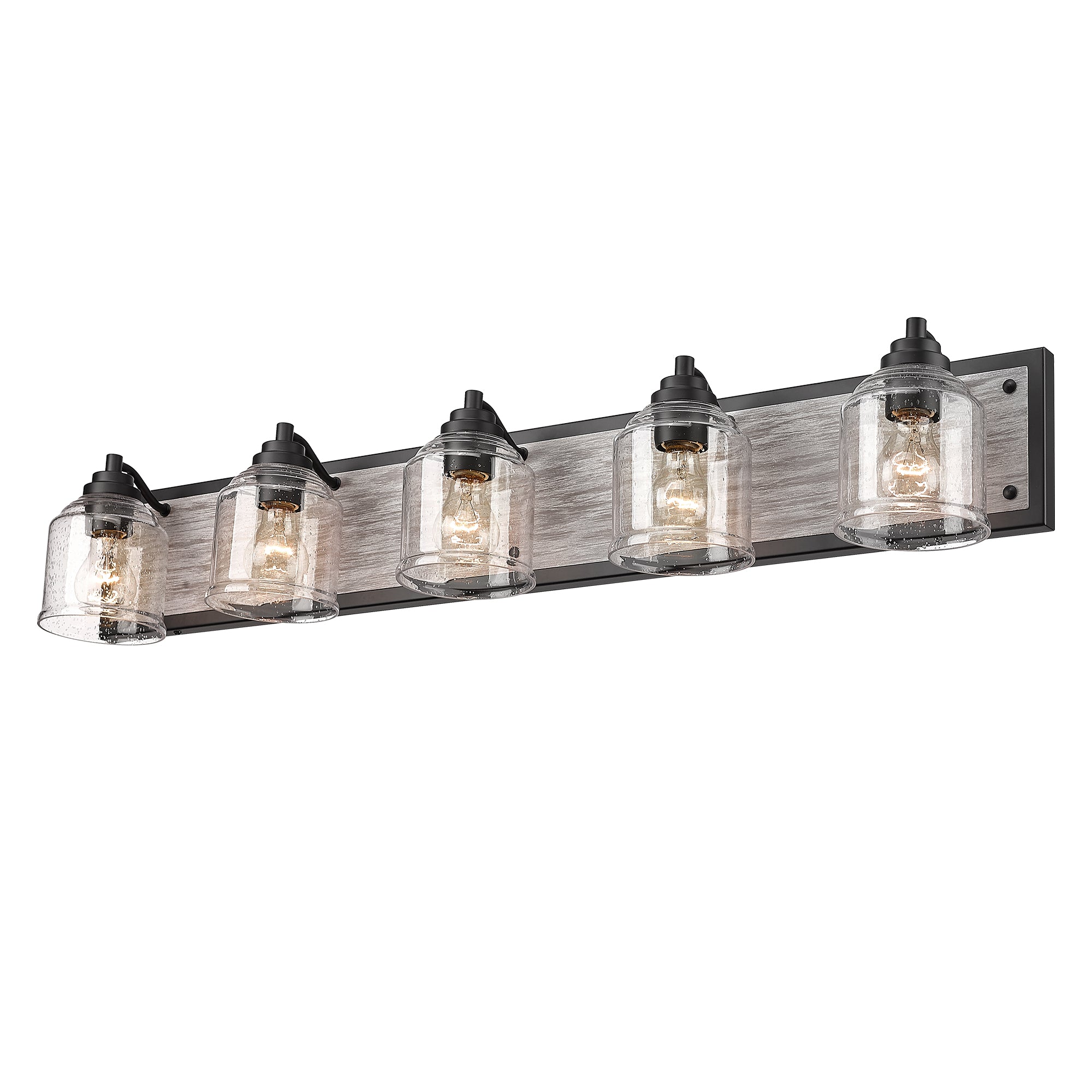 Matte Black & Wood Grain Vanity Light with Seeded Glass Shades - 40 inch 5-Light Bathroom Vanity Light Fixtures - USAG00323