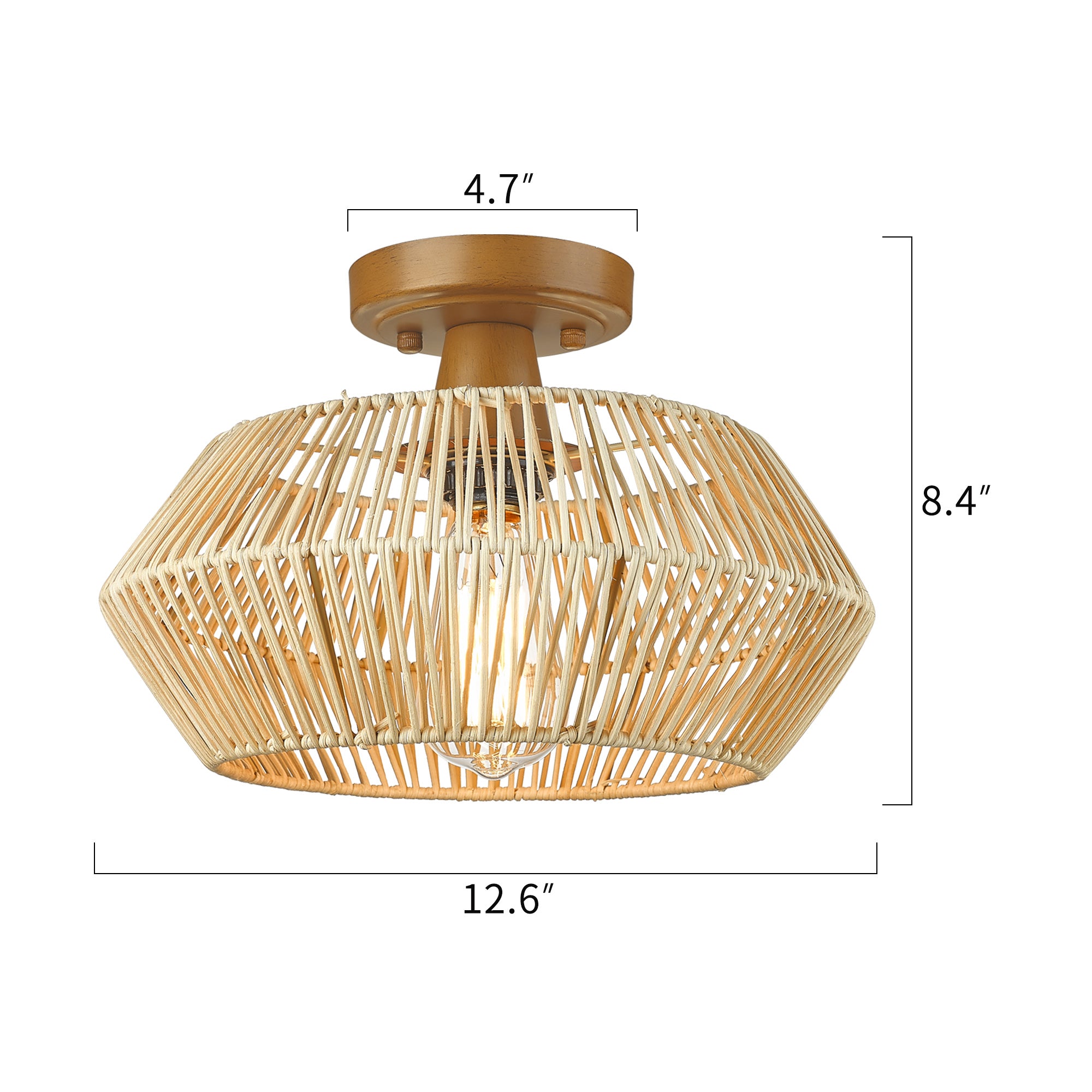 Handmade Boho Rattan Woven Semi Flush Mount - 13 inch Ceiling Light Fixtures - USAG00328