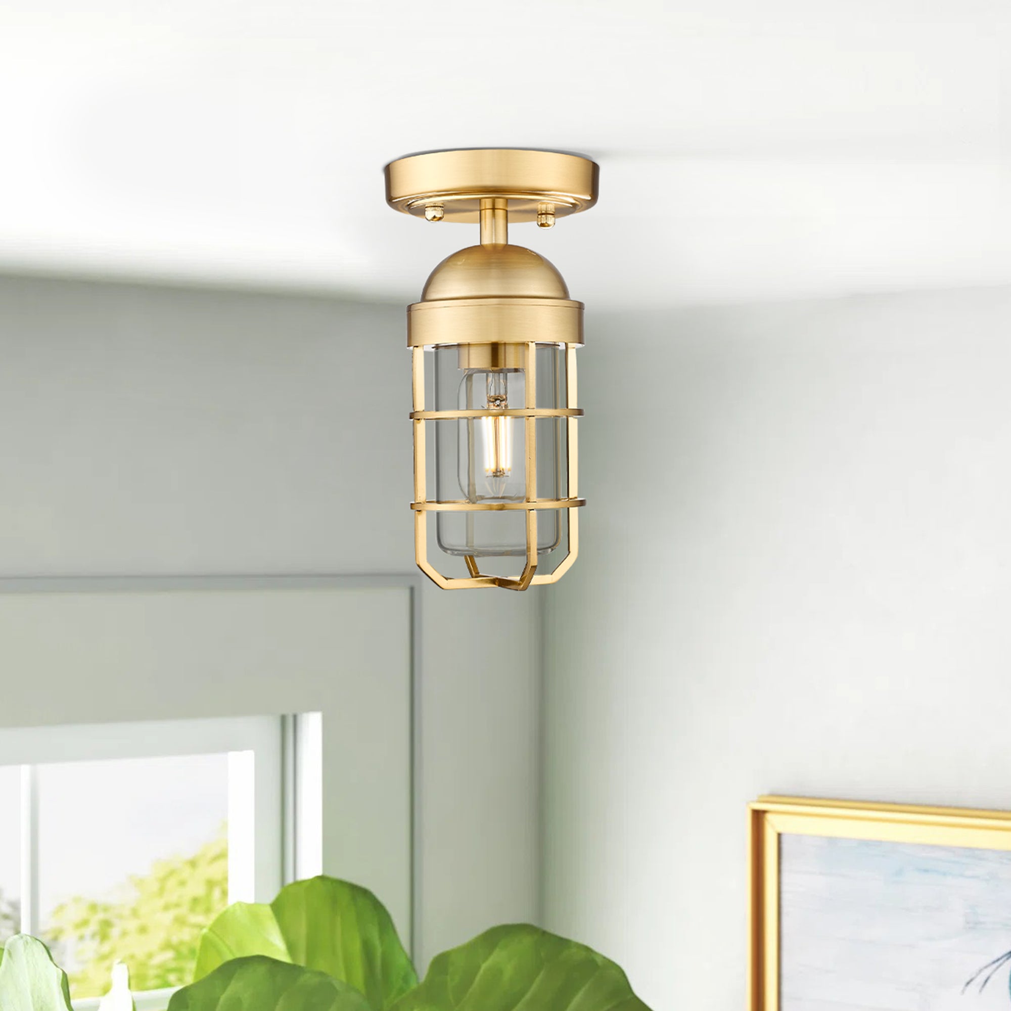 Brushed Gold Glass & Metal - Farmhouse Ceiling Light Vintage Semi Flush Mount Light For Indoor And Outdoor Security Light With Clear Tempered Glass - USAG00330