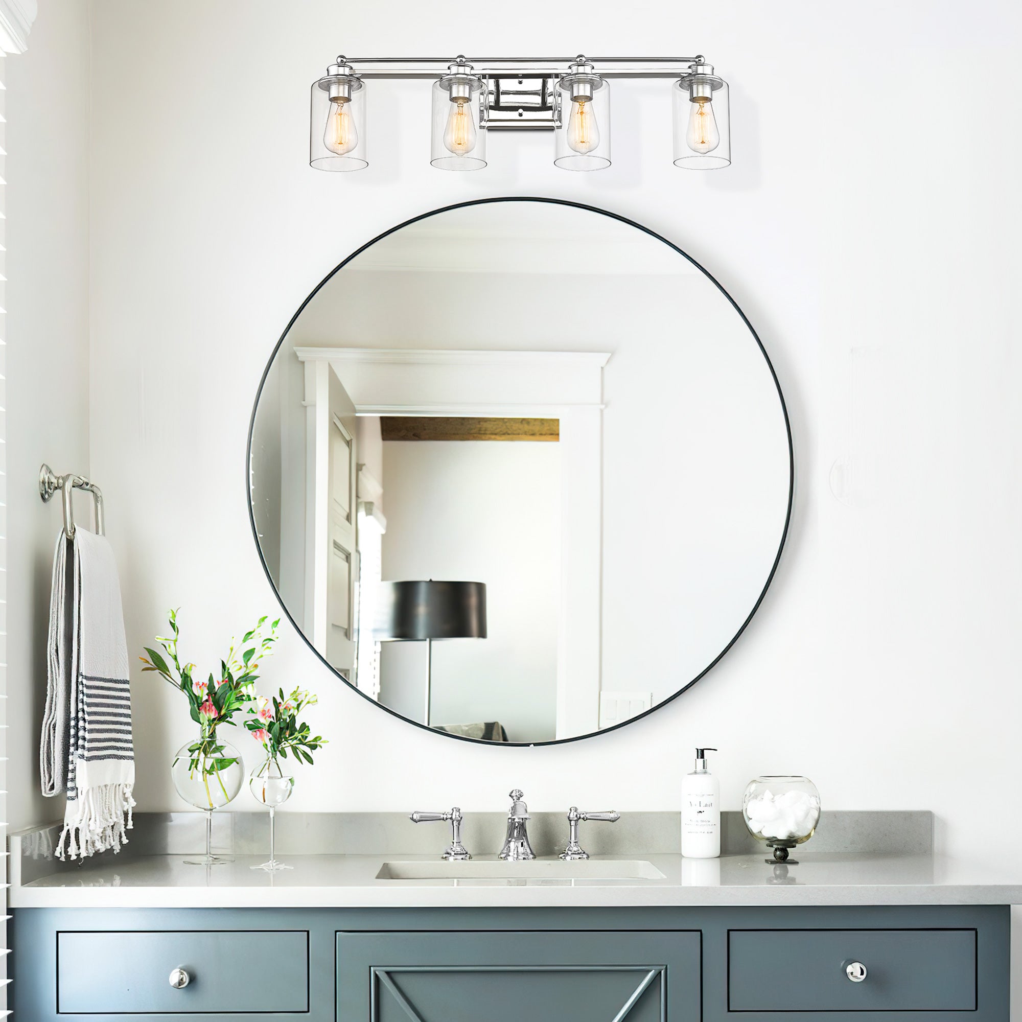 Farmhouse Chrome Finish with Metal Shade - 32 inch 4-Light Wall Sconce Vanity Light Over Mirror - USAG00345