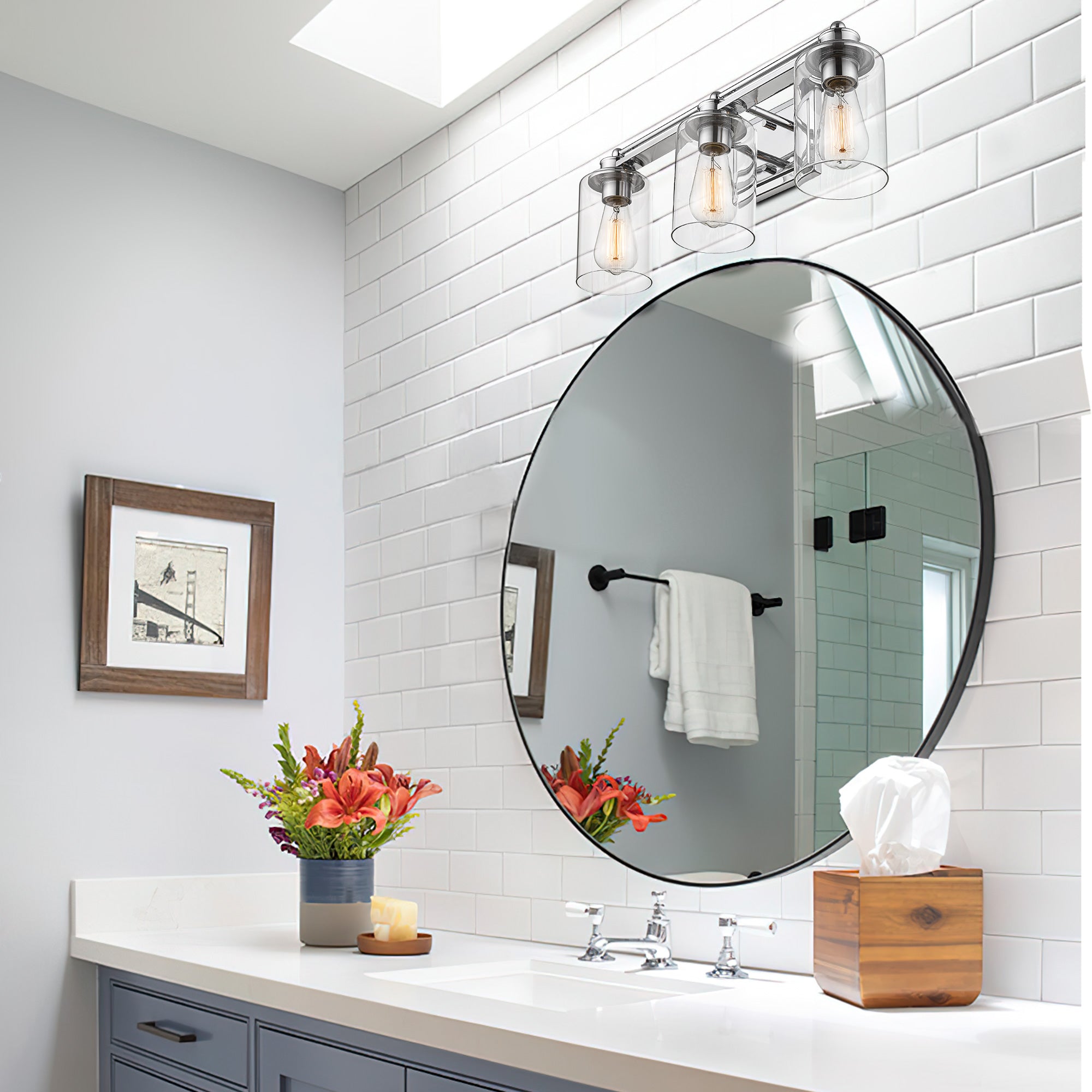 Farmhouse Chrome Finish with Metal Shade - 22 inch 3-Light Wall Sconce Vanity Light Over Mirror - USAG00346