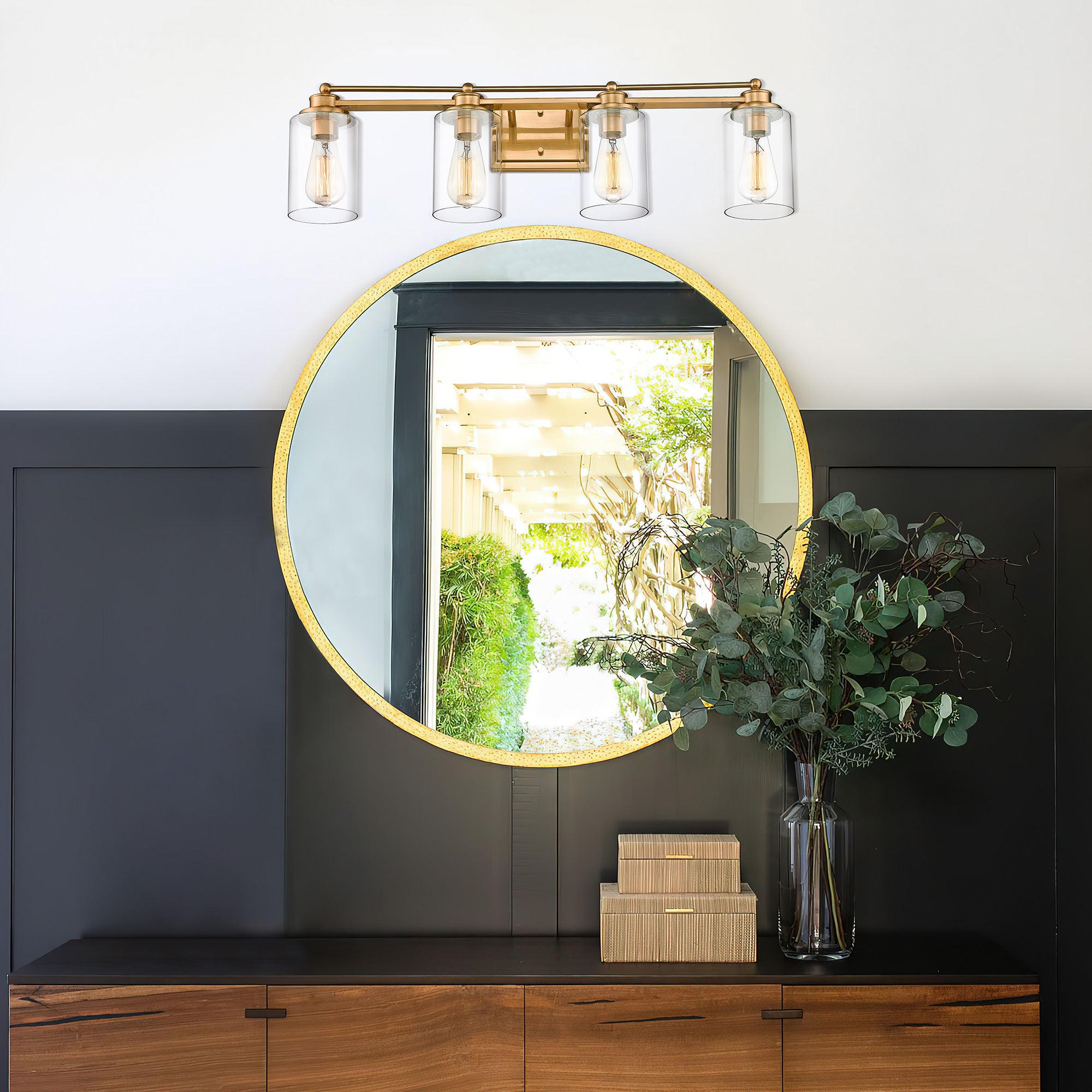 Farmhouse Brushed Gold Finish with Metal Shade - 32 inch 4-Light Wall Sconce Vanity Light Over Mirror - USAG00350