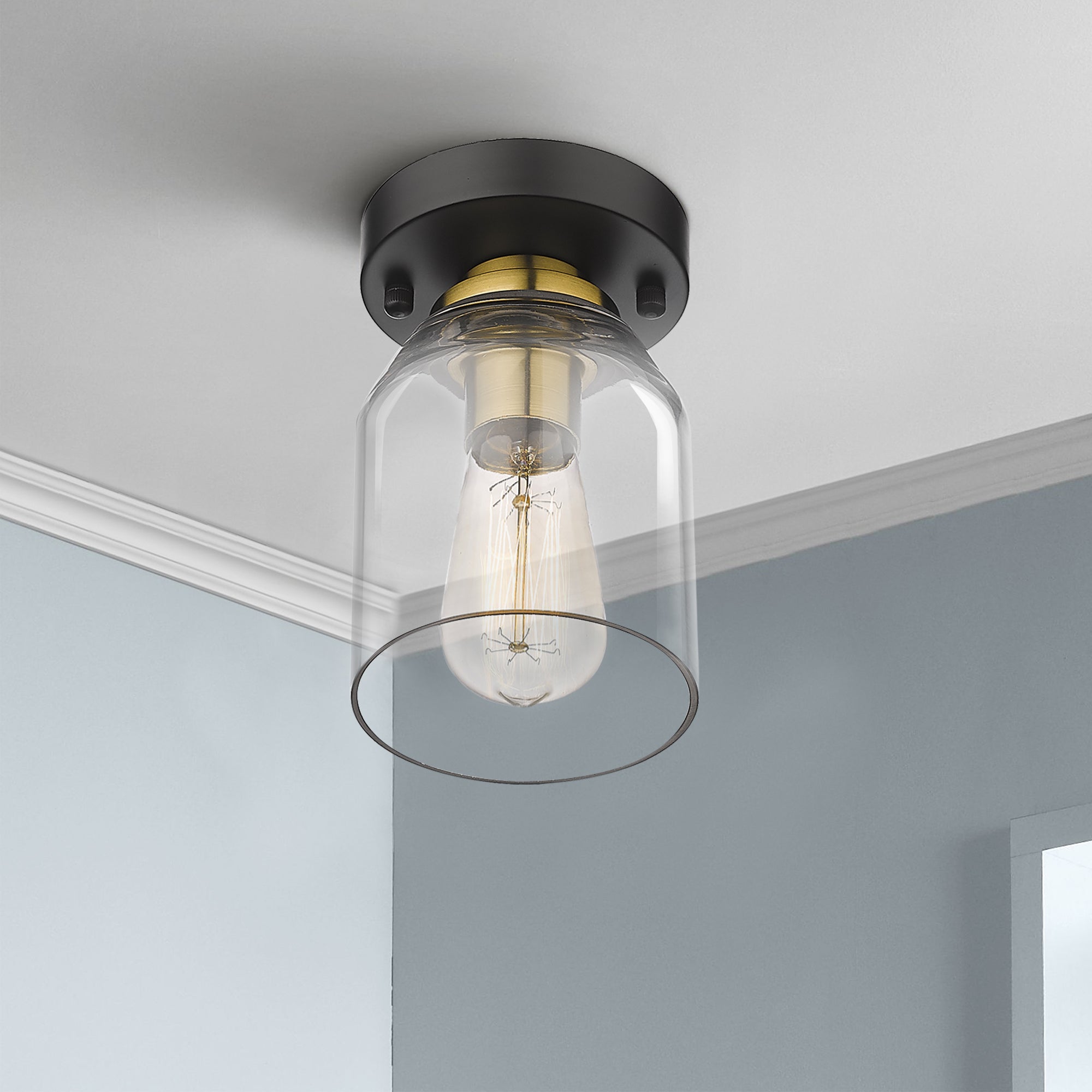 Matte Black Glass & Metal - & Gold 4.7'' Modern Semi Flush Mount Ceiling Light - USAG00362