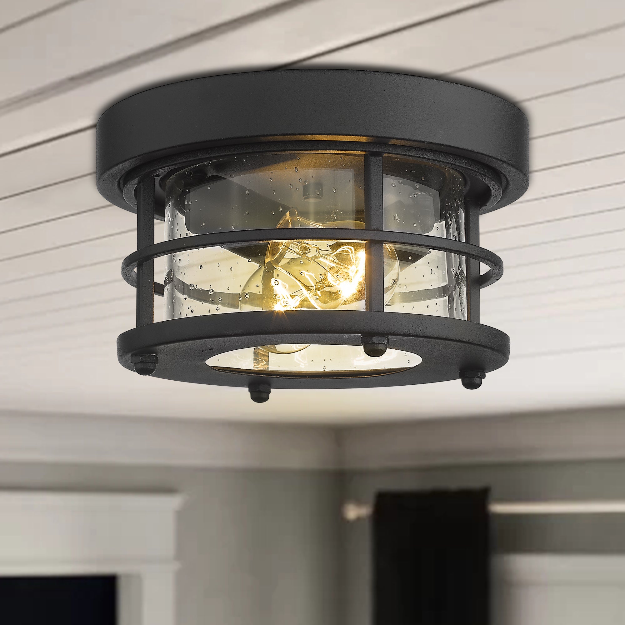 Matte Black Glass & Metal - 10 Inch 2-Light Round Ceiling Light Fixture Farmhouse Flush Mount Ceiling Light - USAG00371