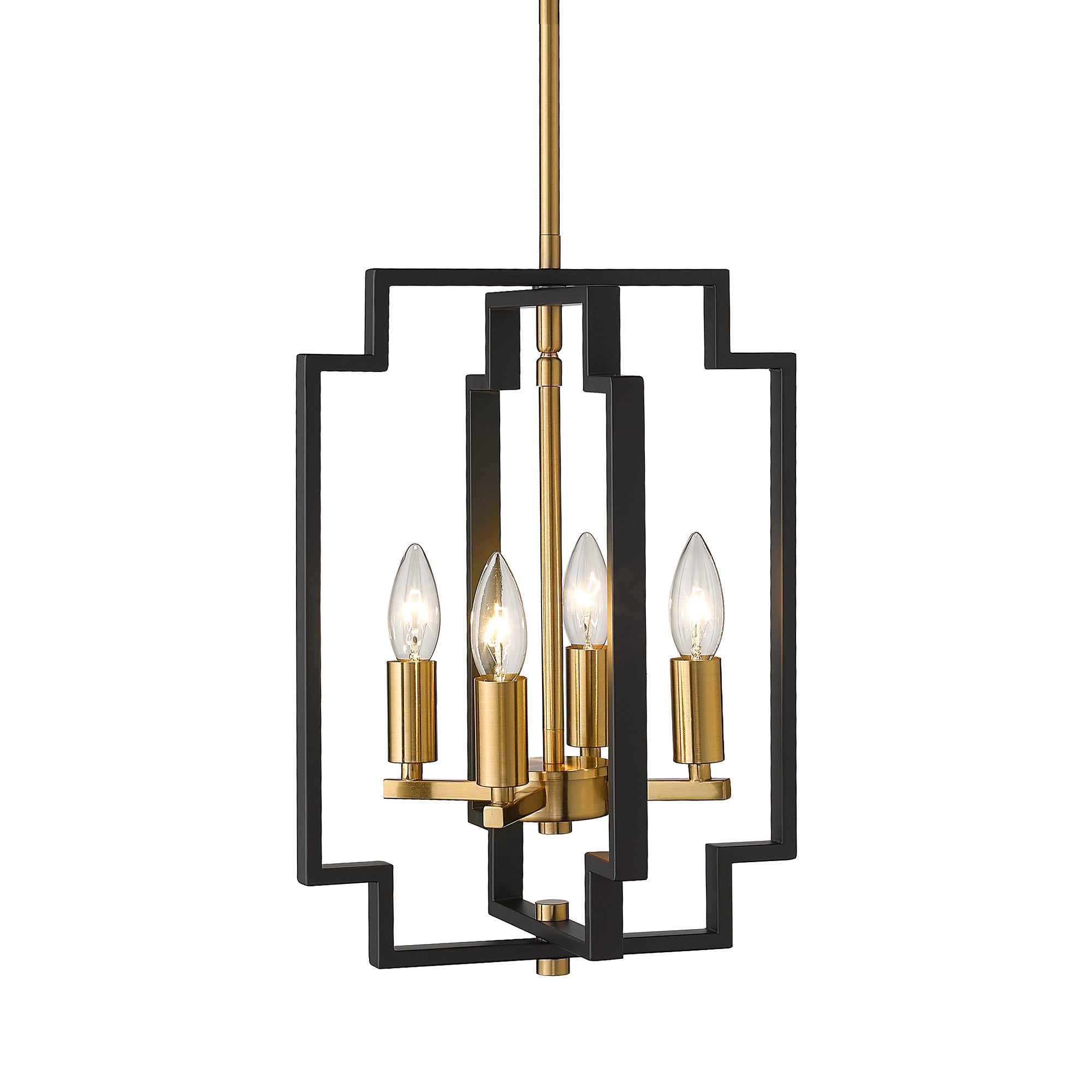 Matte Black & Gold Metal - 61.3 Inch 4-Light Lantern Chandelier Farmhouse Dining Room Pendant Lighting Black and Gold Finish - USAG00373