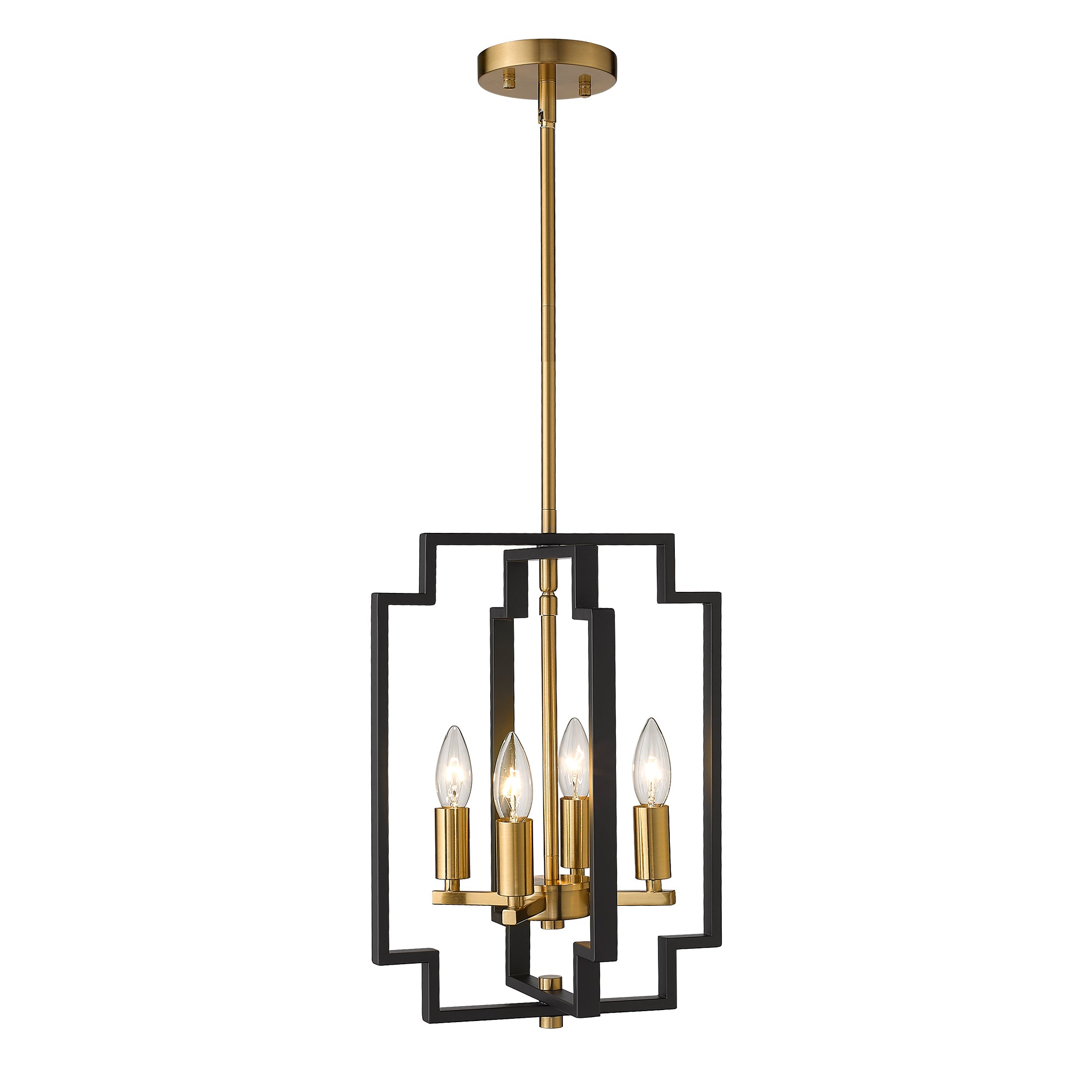 Matte Black & Gold Metal - 61.3 Inch 4-Light Lantern Chandelier Farmhouse Dining Room Pendant Lighting Black and Gold Finish - USAG00373