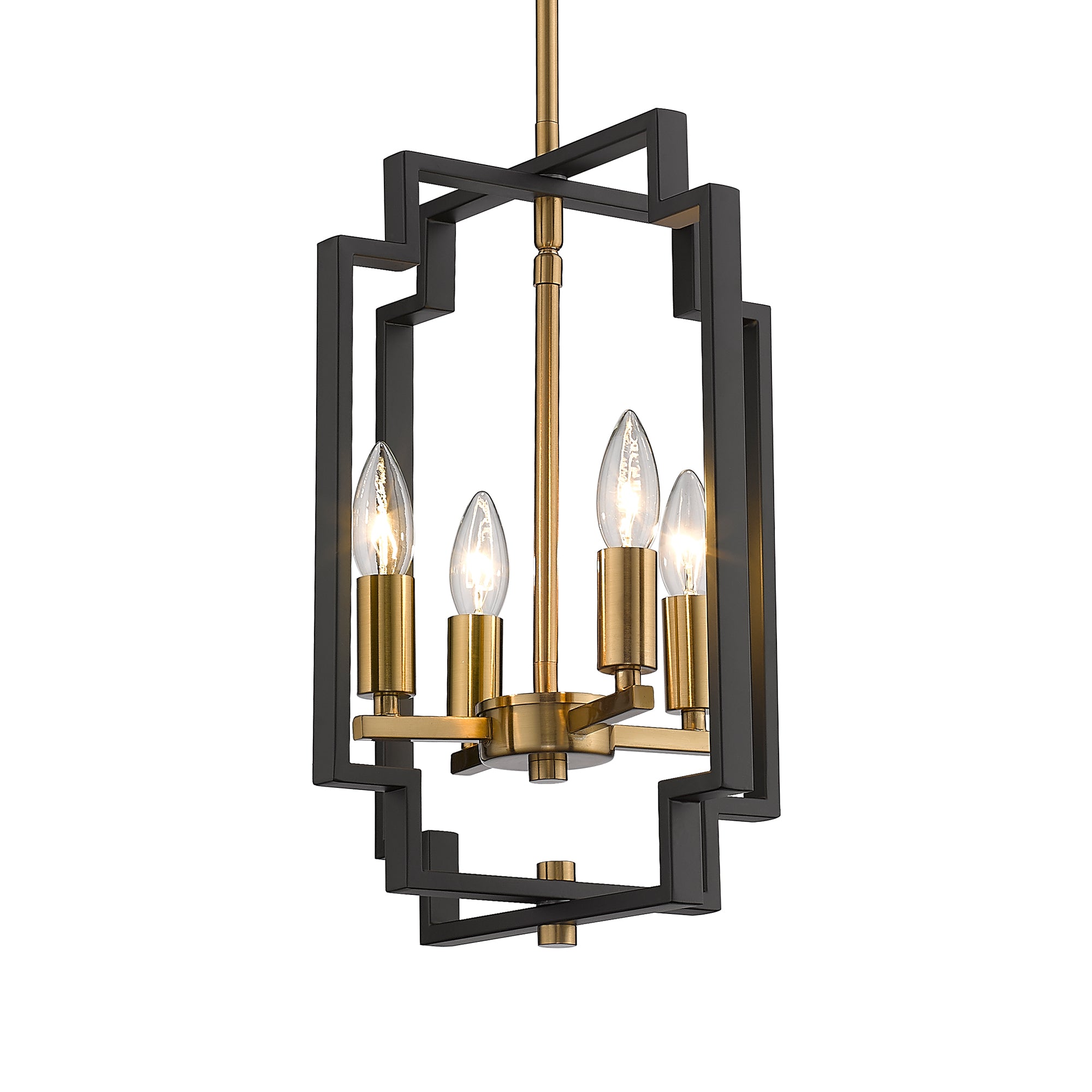 Matte Black & Gold Metal - 61.3 Inch 4-Light Lantern Chandelier Farmhouse Dining Room Pendant Lighting Black and Gold Finish - USAG00373