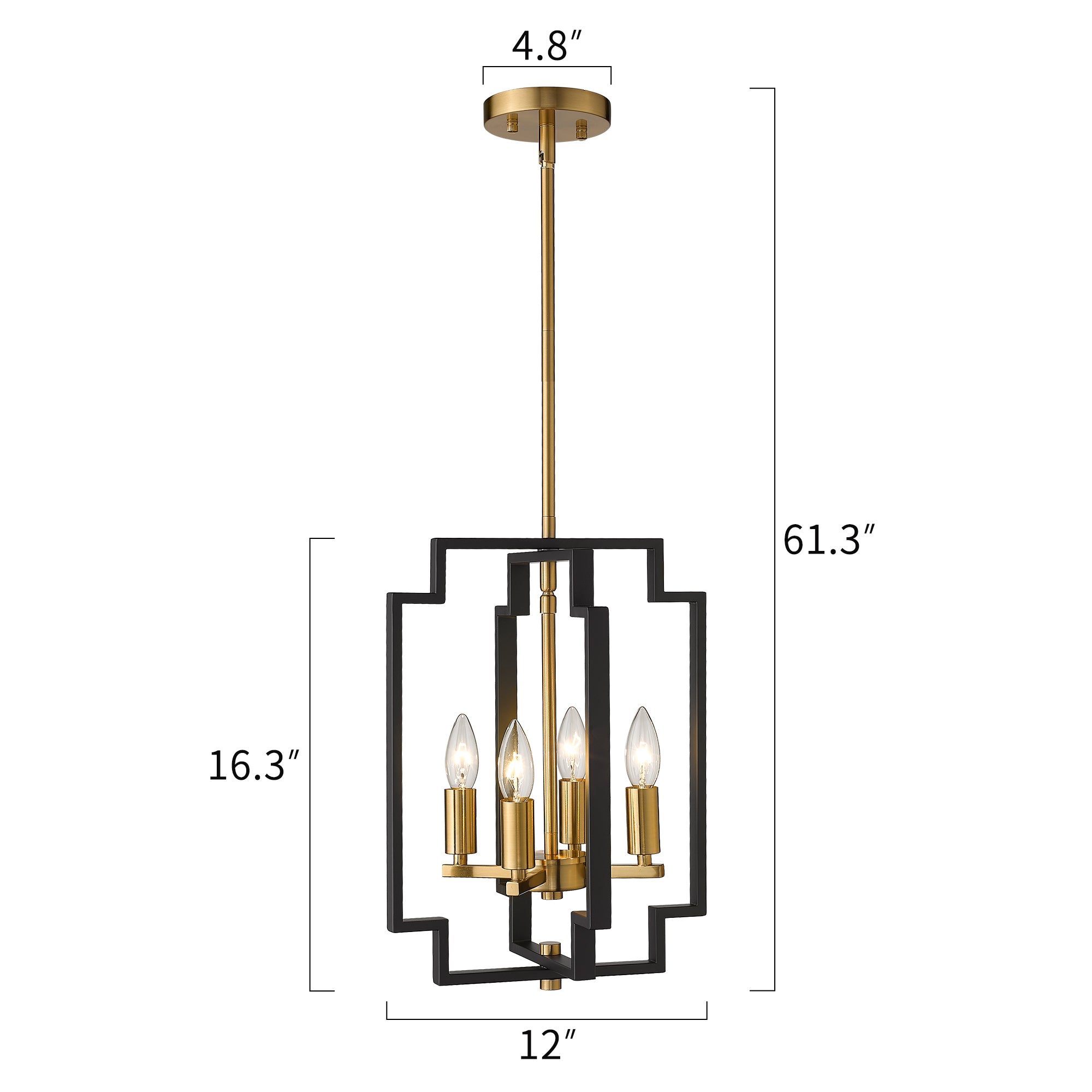 Matte Black & Gold Metal - 61.3 Inch 4-Light Lantern Chandelier Farmhouse Dining Room Pendant Lighting Black and Gold Finish - USAG00373