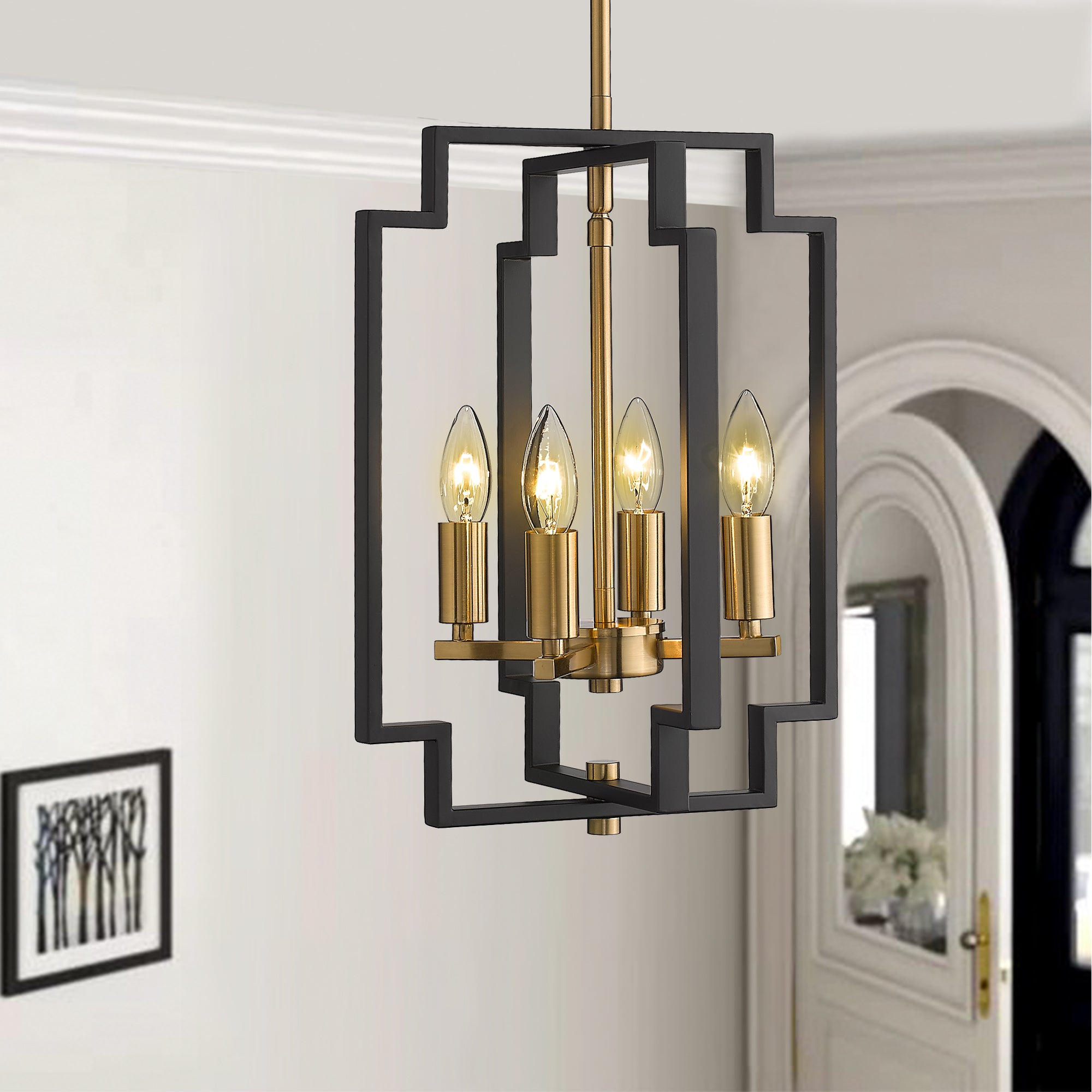 Matte Black & Gold Metal - 61.3 Inch 4-Light Lantern Chandelier Farmhouse Dining Room Pendant Lighting Black and Gold Finish - USAG00373